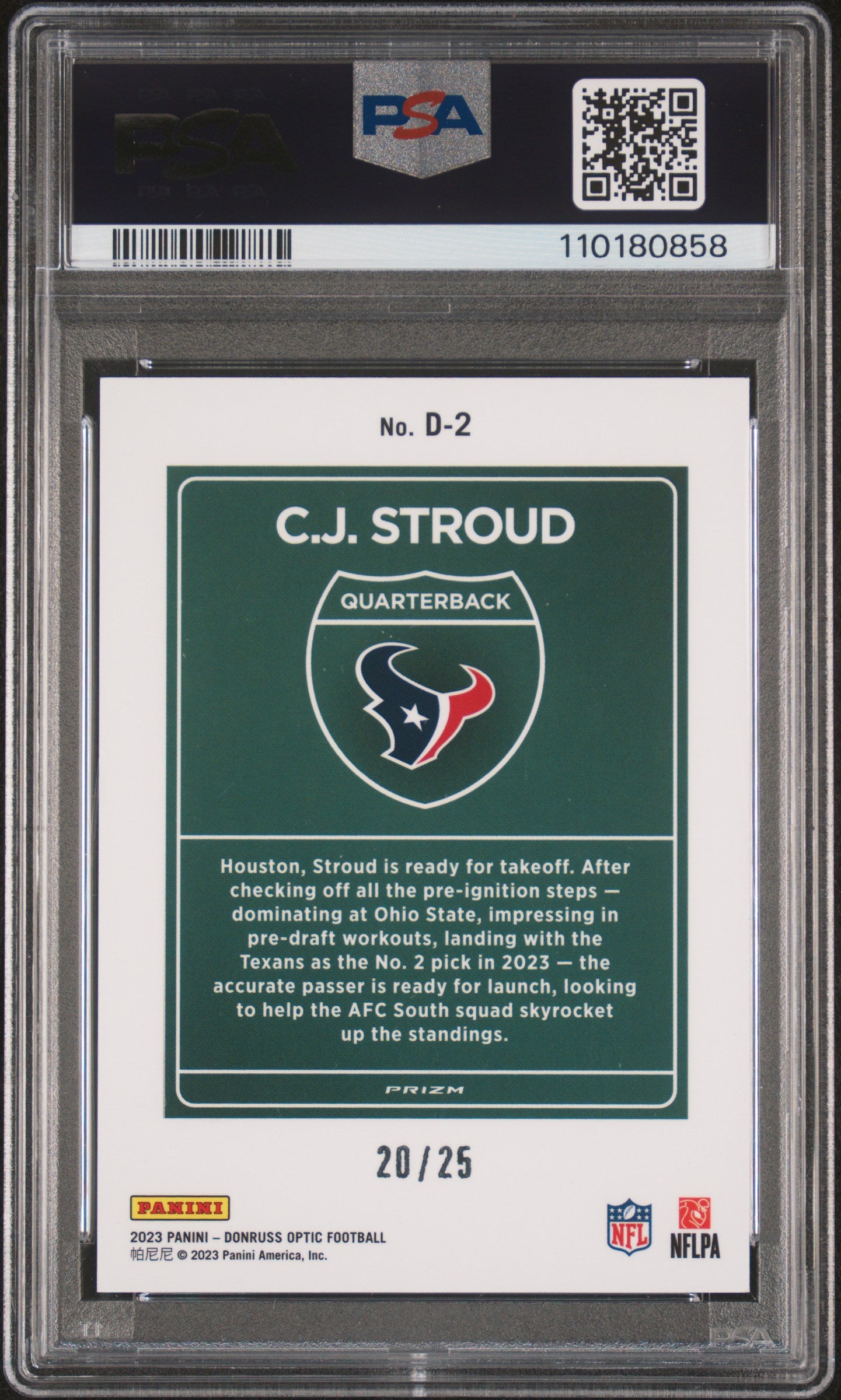 CJ Stroud 2023 Donruss Optic Black Pandora Downtown #20/25 PSA 9 Mint