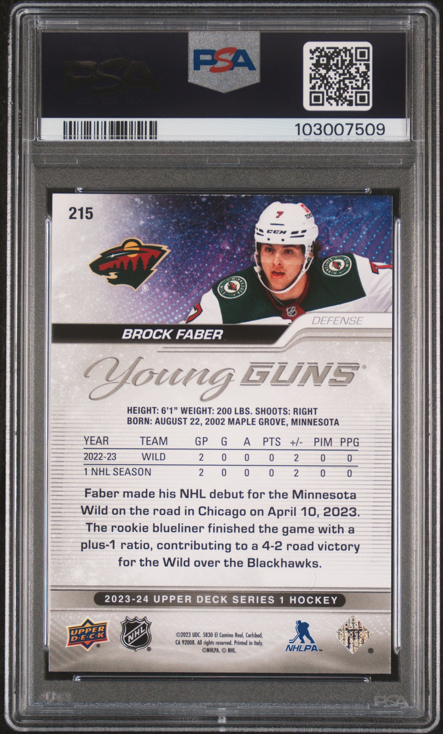 Brock Faber 2023 Upper Deck Rookie #215 Autograph PSA 10 Auto 7509