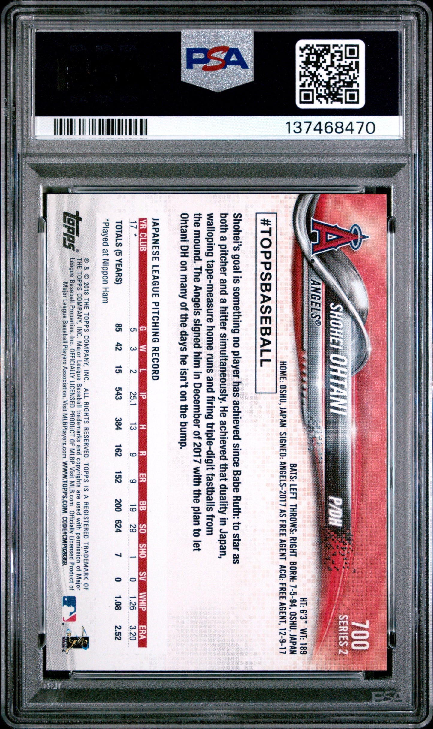 Shohei Ohtani 2018 Topps Rookie #700 PSA 10 Gem Mint 8470