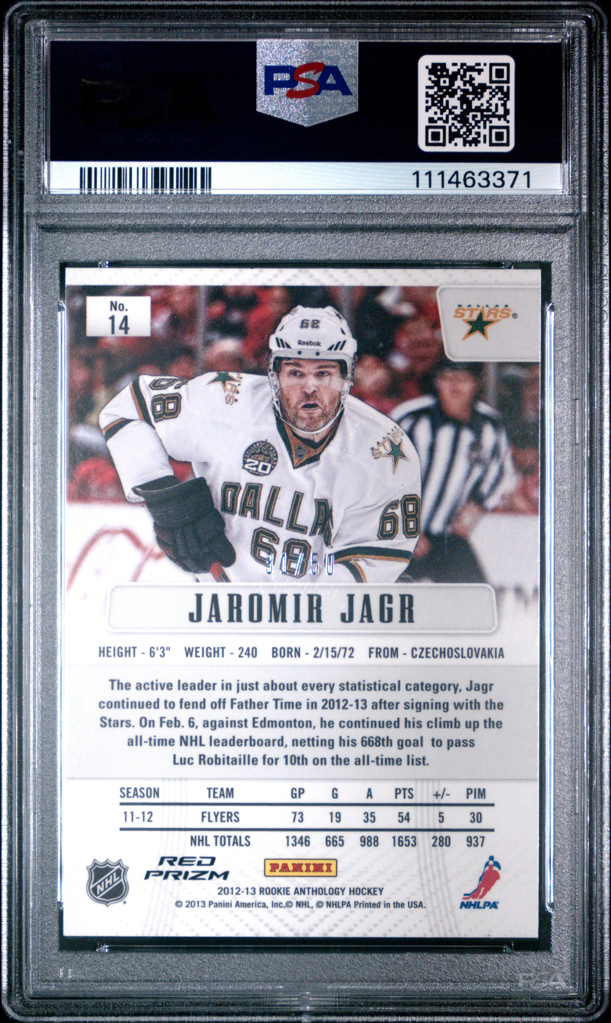 Jaromir Jagr 2012 Panini Rookie Anthology Red PRizm #31/50 PSA 9 Mint