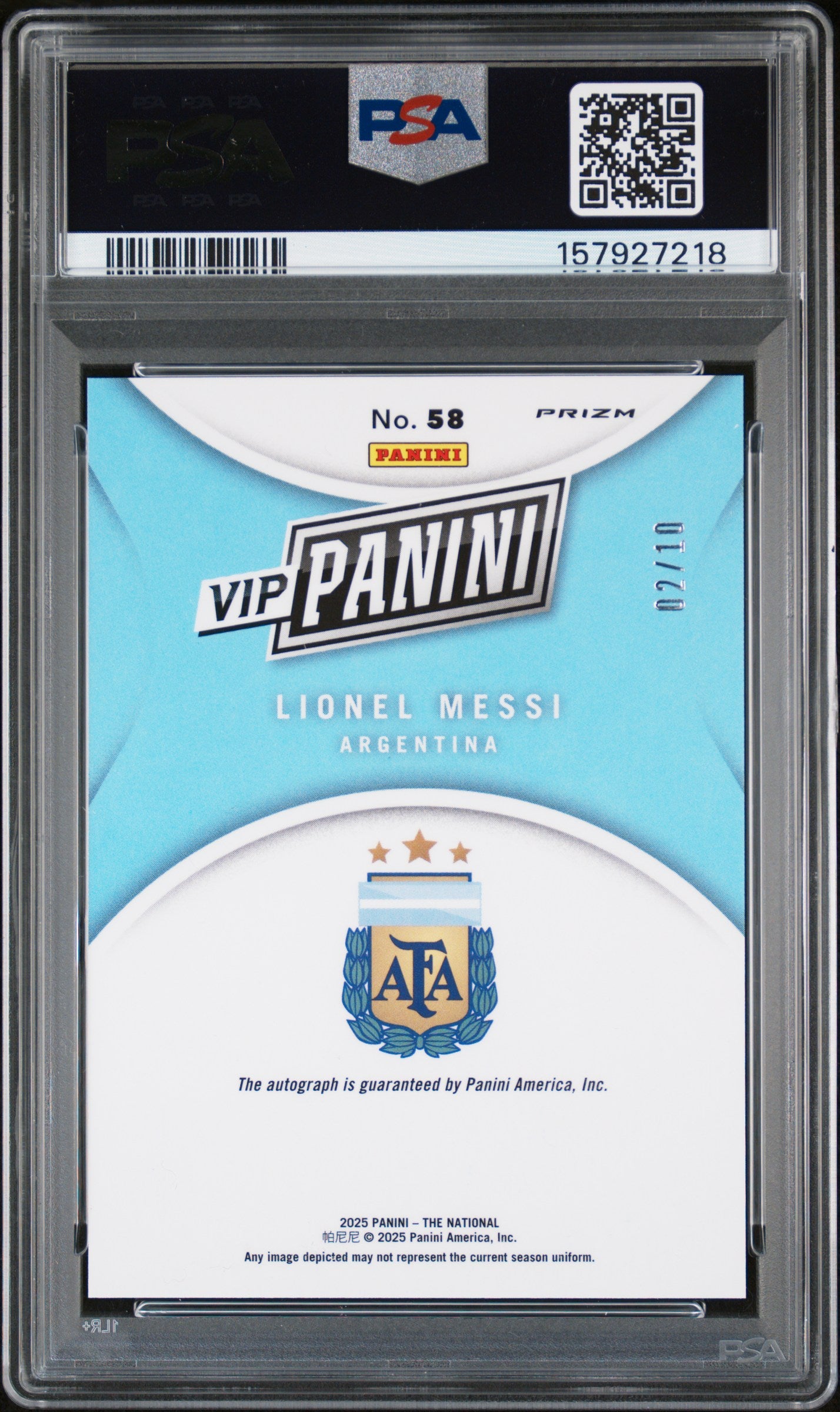Lionel Messi 2025 Panini National VIP Gold Nebula Auto #2/10 PSA 9 Mint