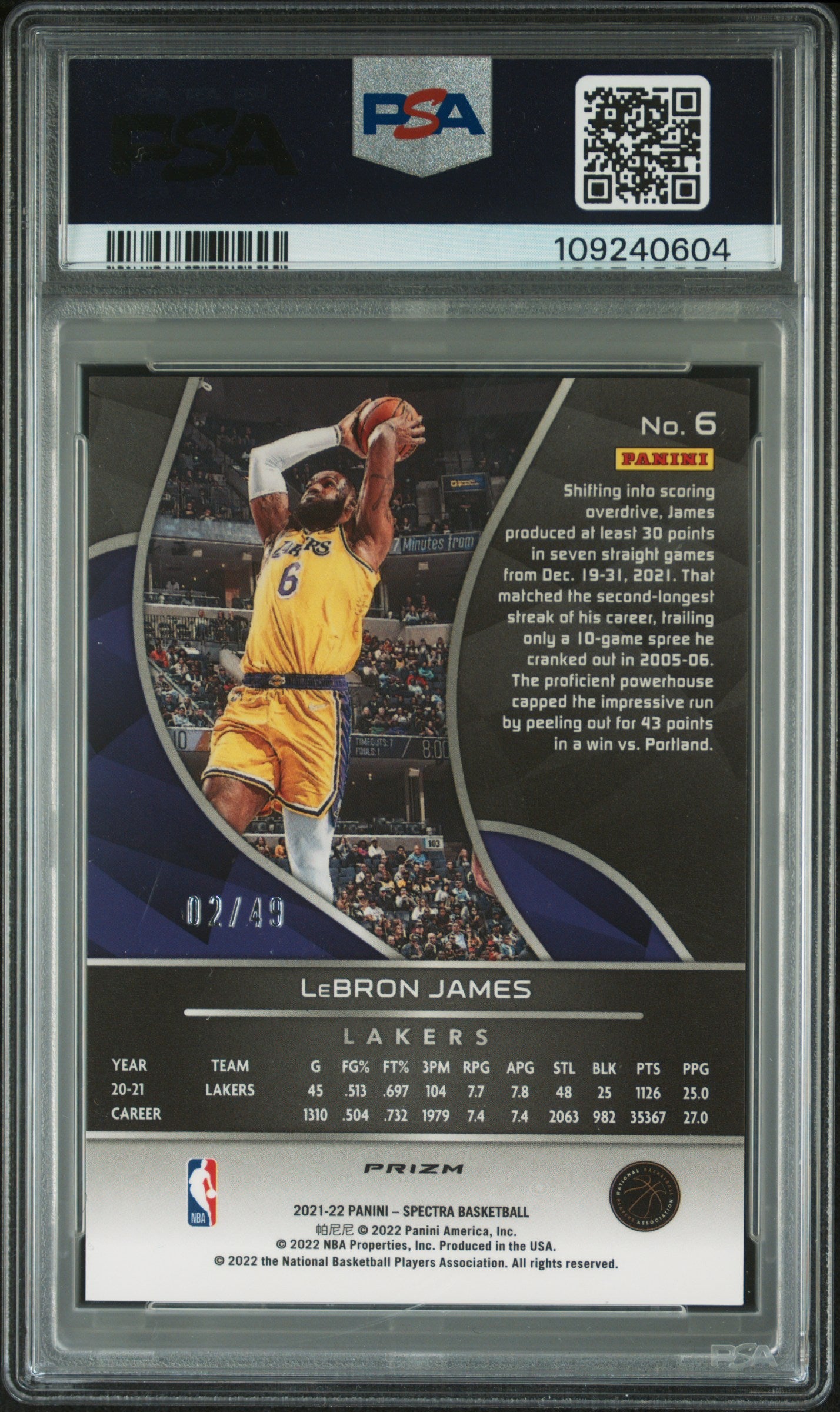 LeBron James 2021 Panini Spectra Asia Blue and Orange #2/49 PSA 10 Gem Mint