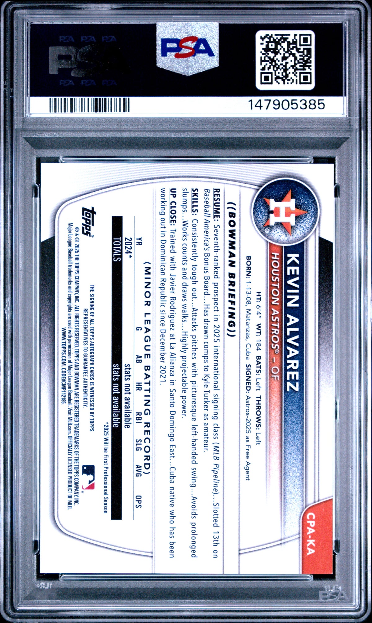Kevin Alvarez 2025 Bowman Chrome Autograph PSA 10 Gem Mint