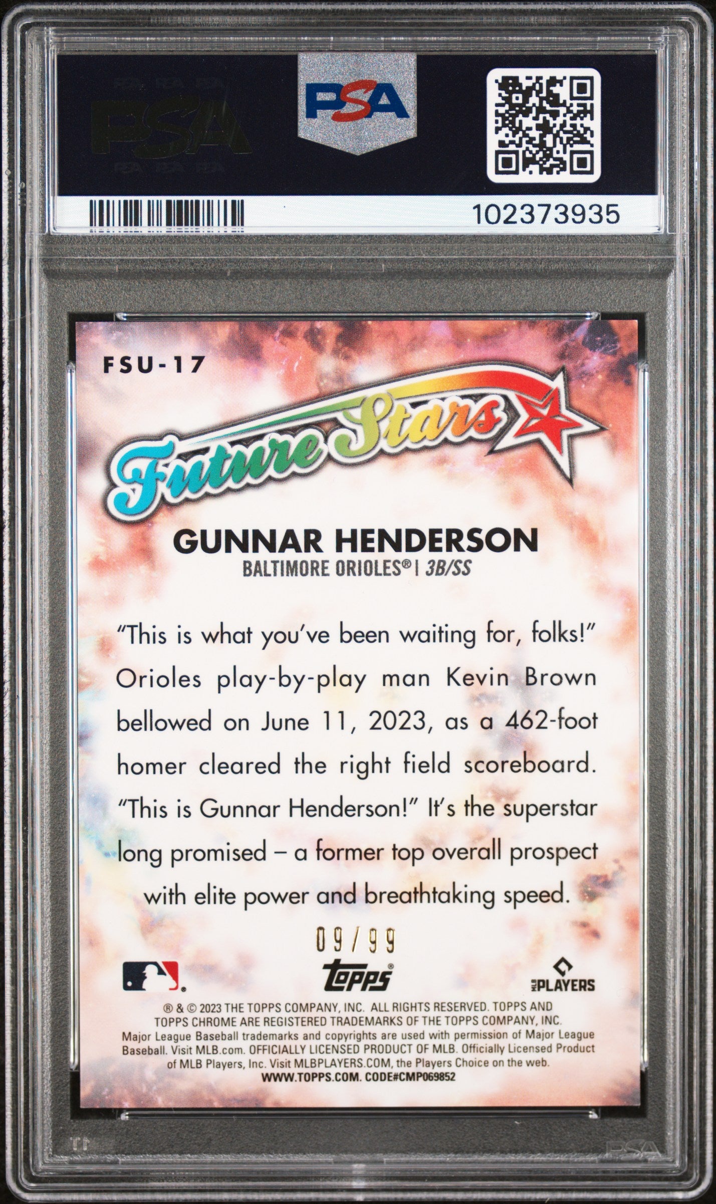 Gunnar Henderson 2023 Topps Chrome Update Future Stars Green Refractor #9/99 PSA 10 Gem Mint