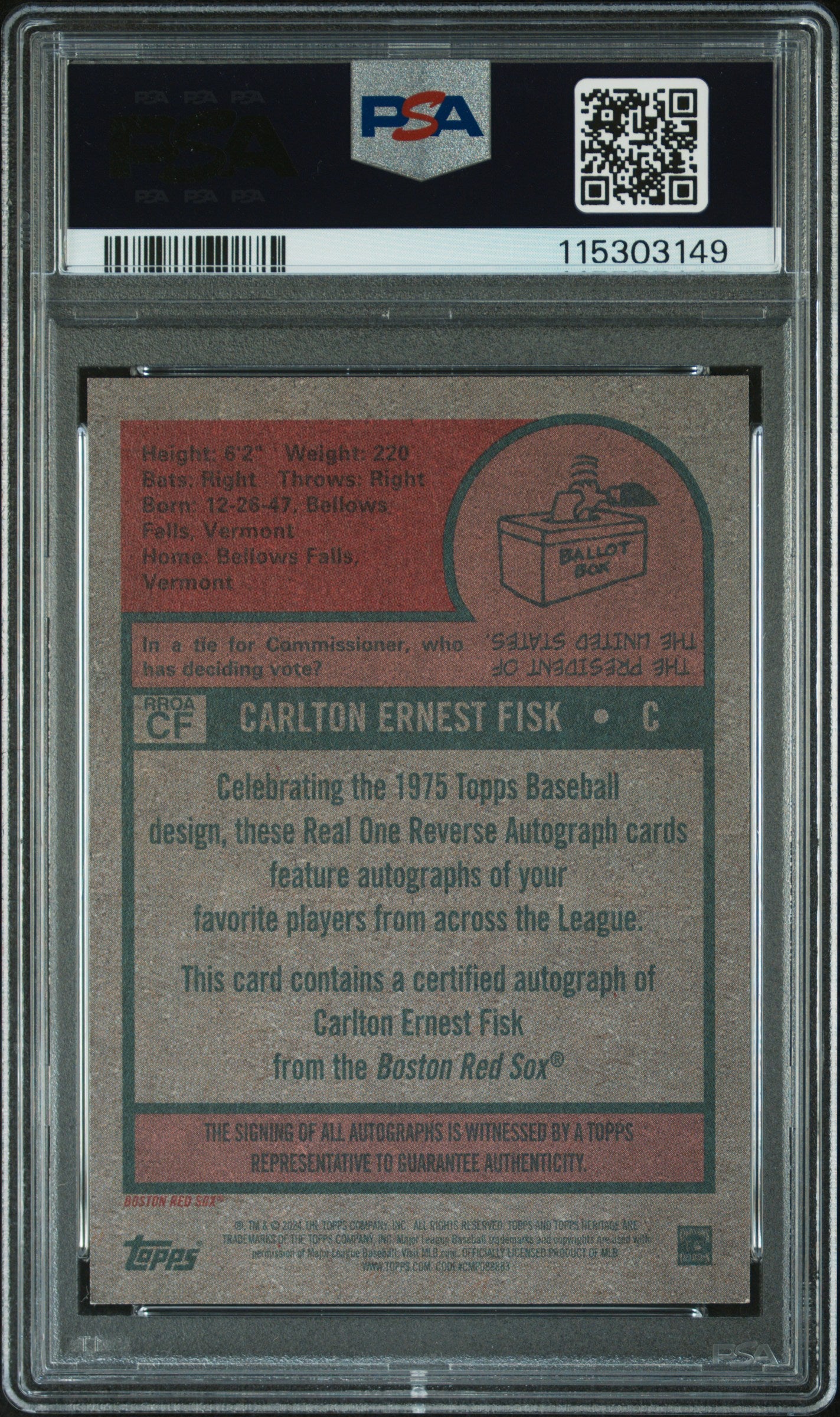 Carlton Fisk 2024 Topps Heritage High Number Real One Auto PSA 9 Auto 10