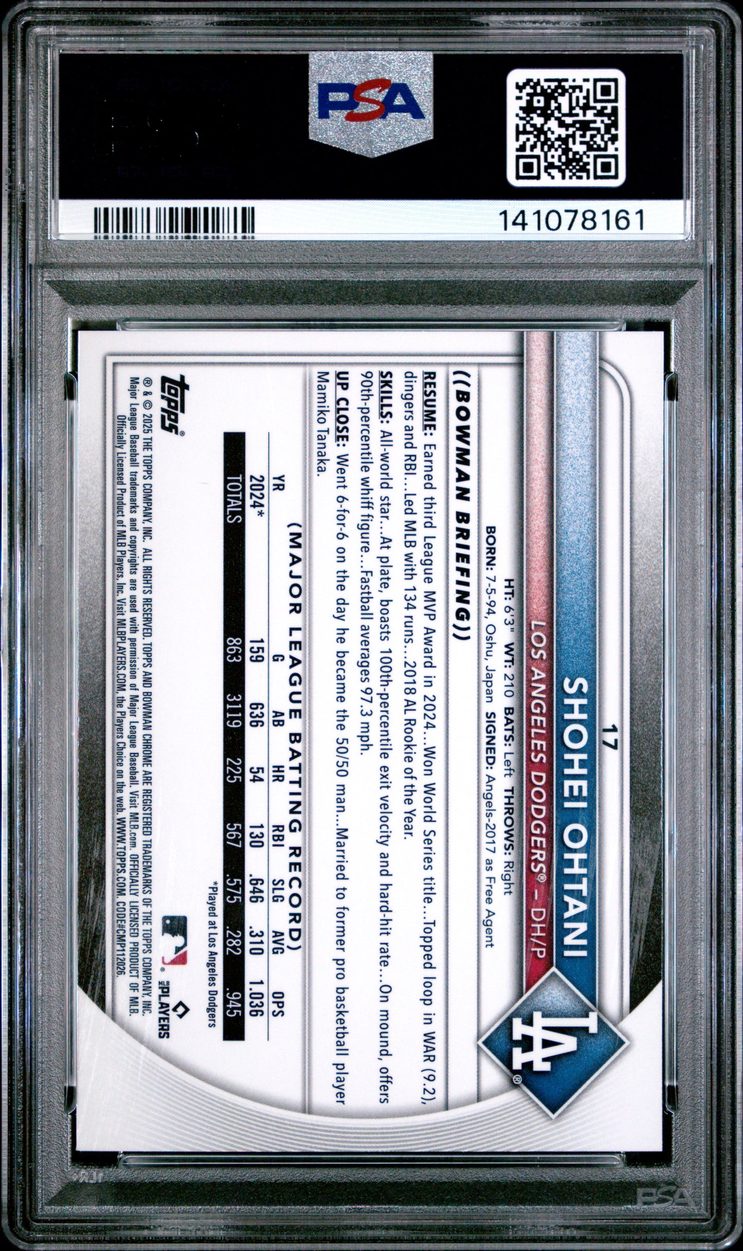 Shohei Ohtani 2025 Bowman Chrome Sapphire #17 PSA 10 Gem Mint 8161