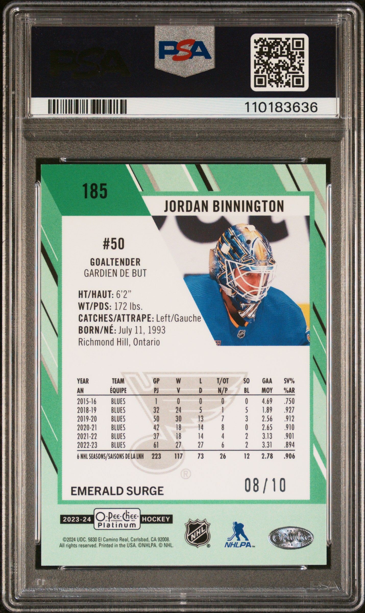 Jordan Binnington 2023 OPC Platinum Emerald Surge #8/10 PSA 7 Near Mint