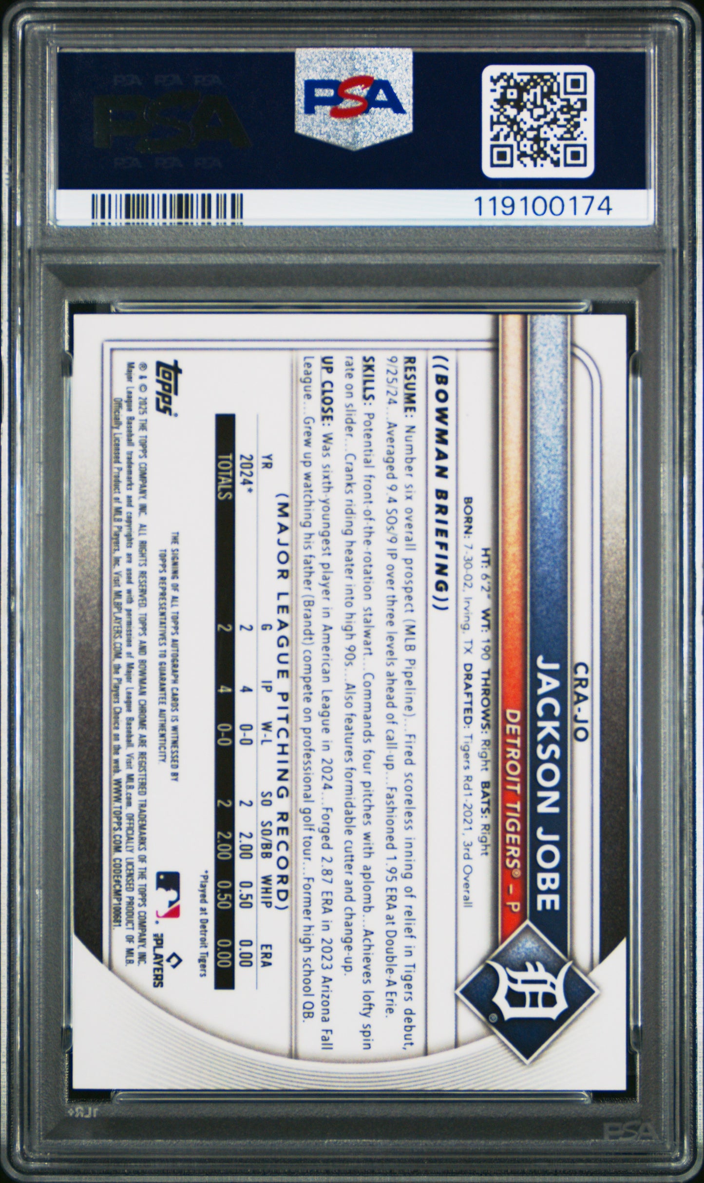 Jackson Jobe 2025 Bowman Rookie Yellow Auto #21/75 PSA 10 Gem Mint