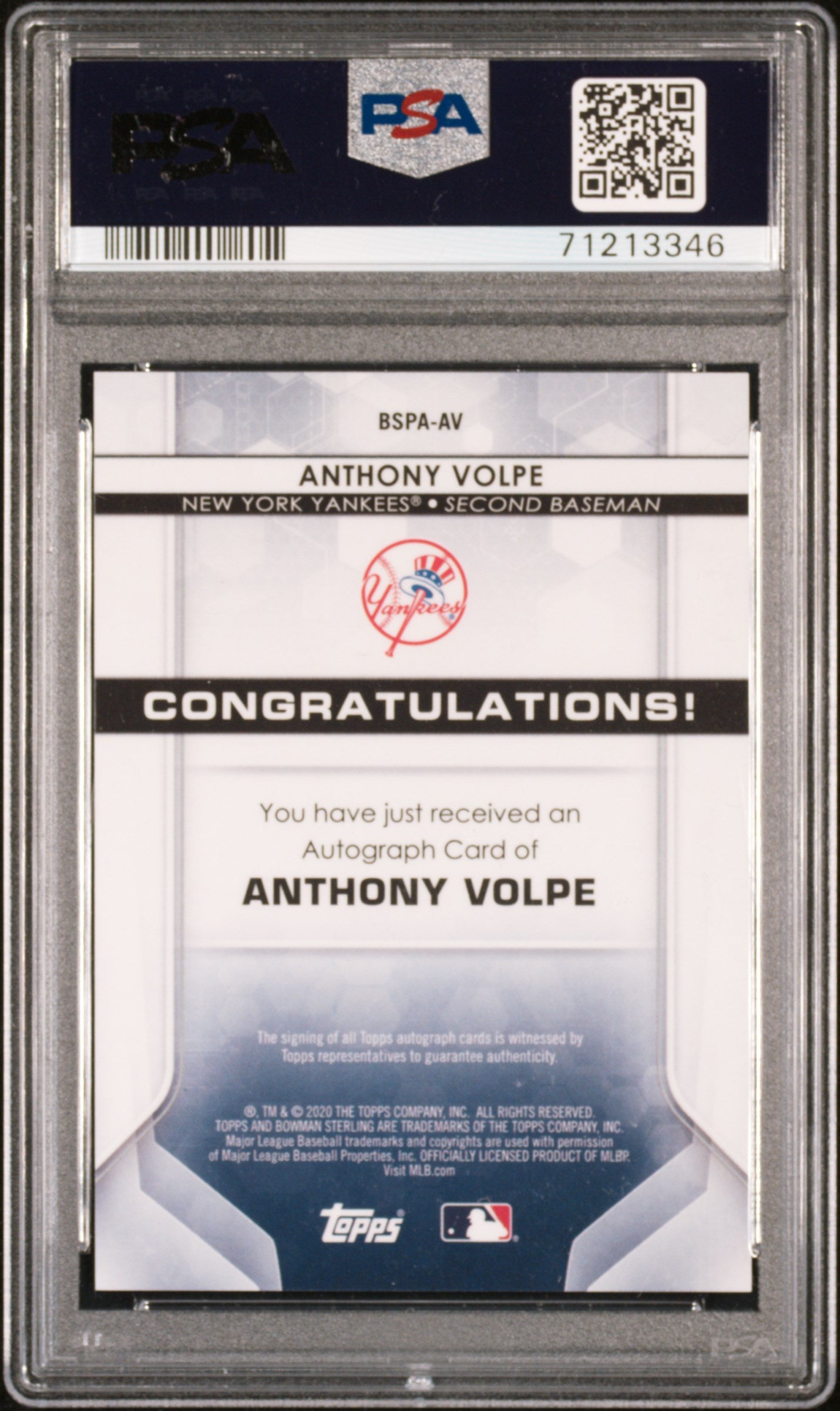 Anthony Volpe 2020 Bowman Sterling Prospect Auto PSA 10 Gem Mint