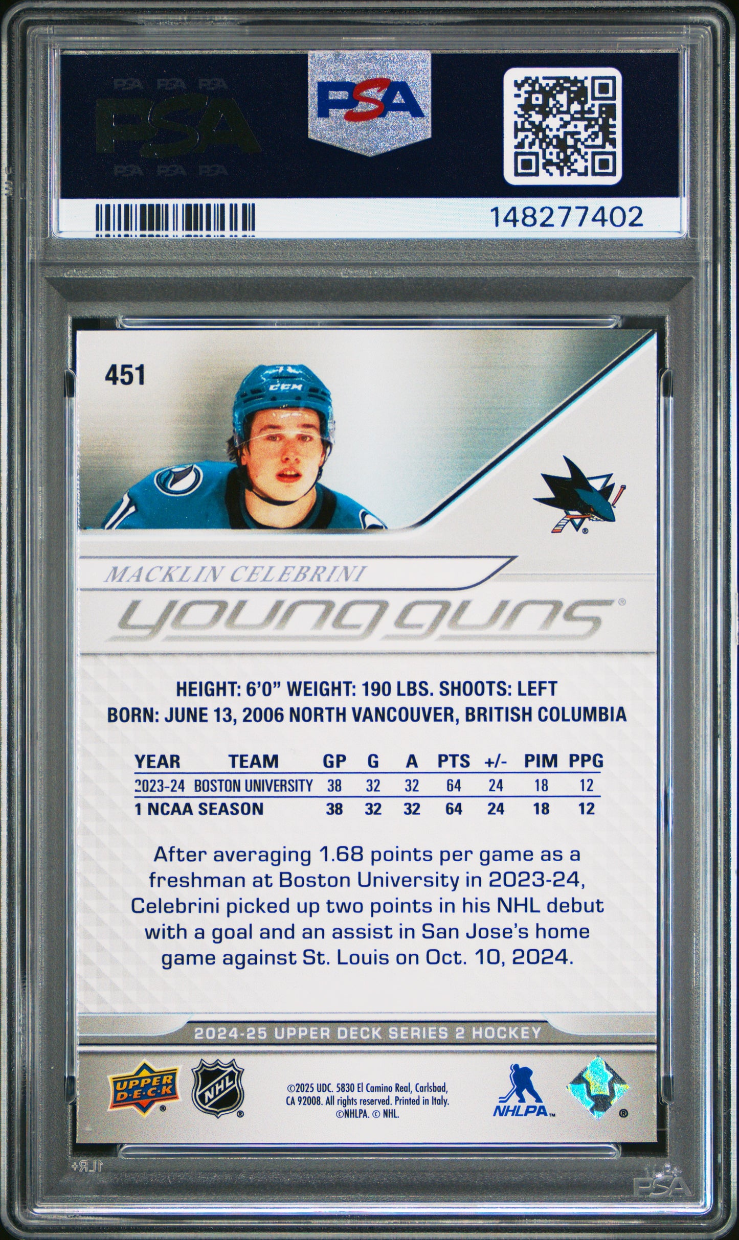 Macklin Celebrini 2024 Upper Deck Rookie #451 PSA 9 Mint 7402