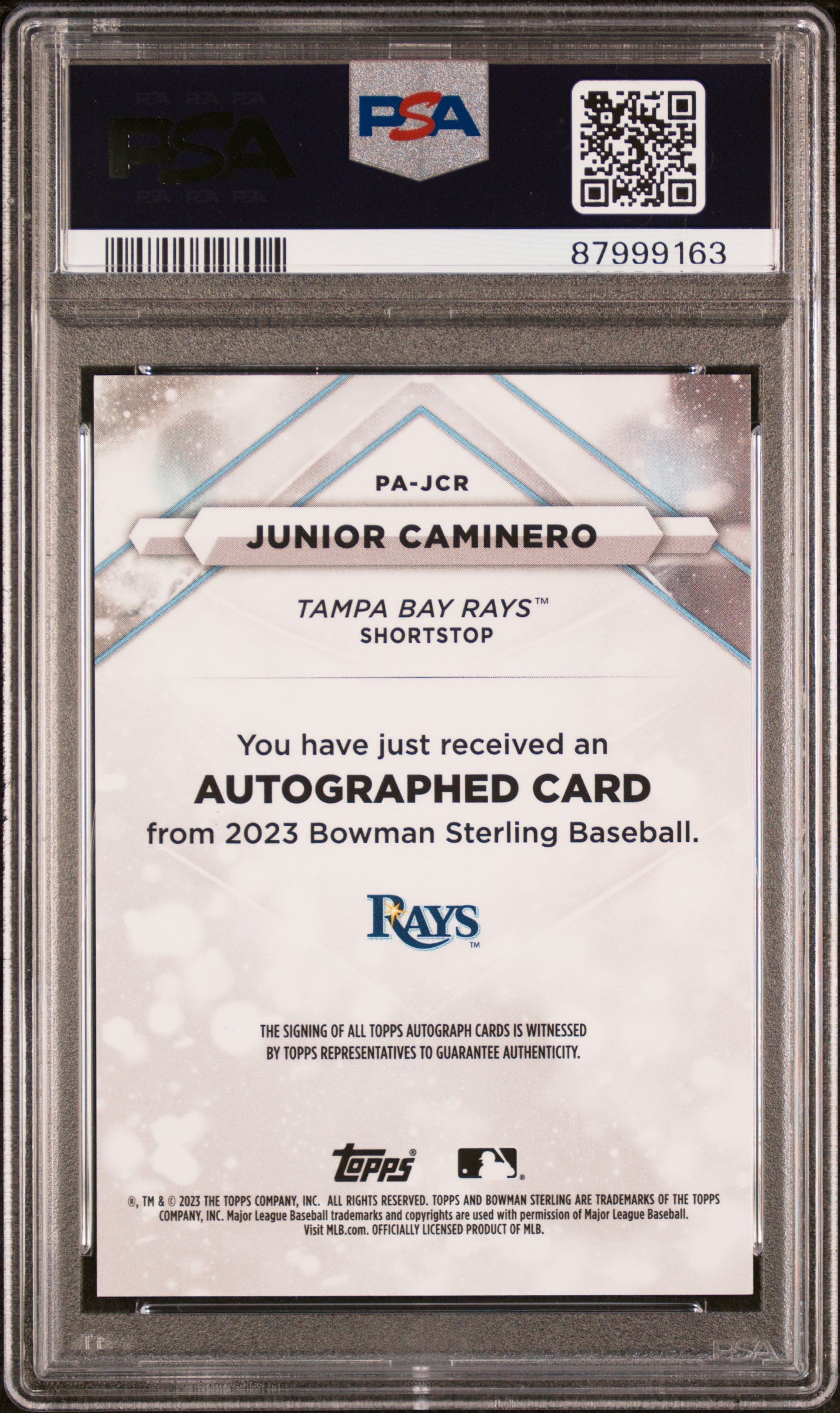 Junior Caminero 2023 Bowman Sterling Rose Gold Auto #9/15 PSA 9 Mint