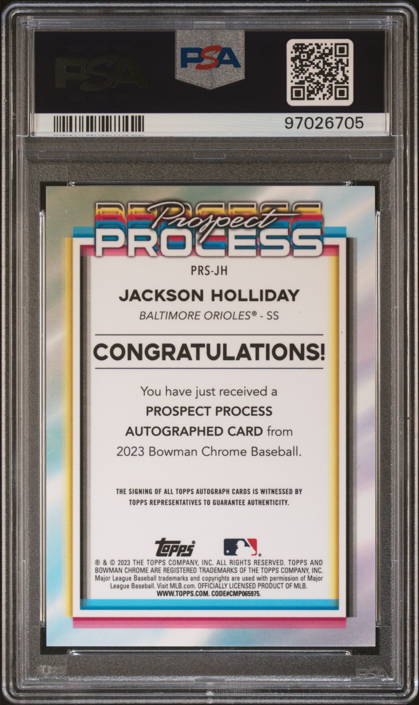 Jackson Holiday 2023 Bowman Chrome Prospect Process Orange Auto #21/25 PSA 9 Mint