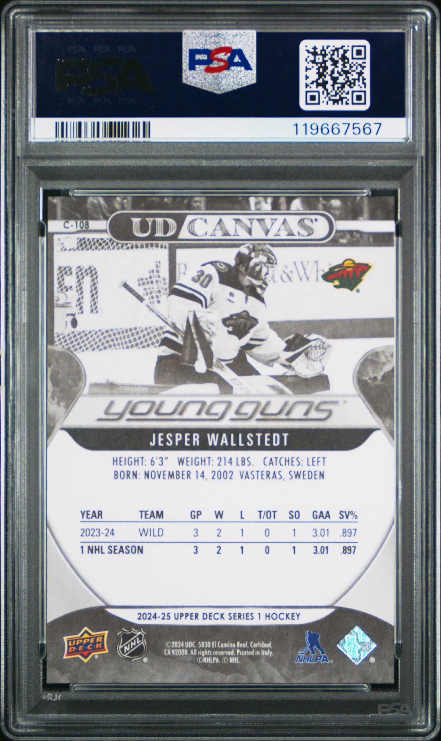 Jesper Wallstedt 2024 Upper Deck Rookie #C108 Black White Canvas PSA 10 Gem Mint 7567