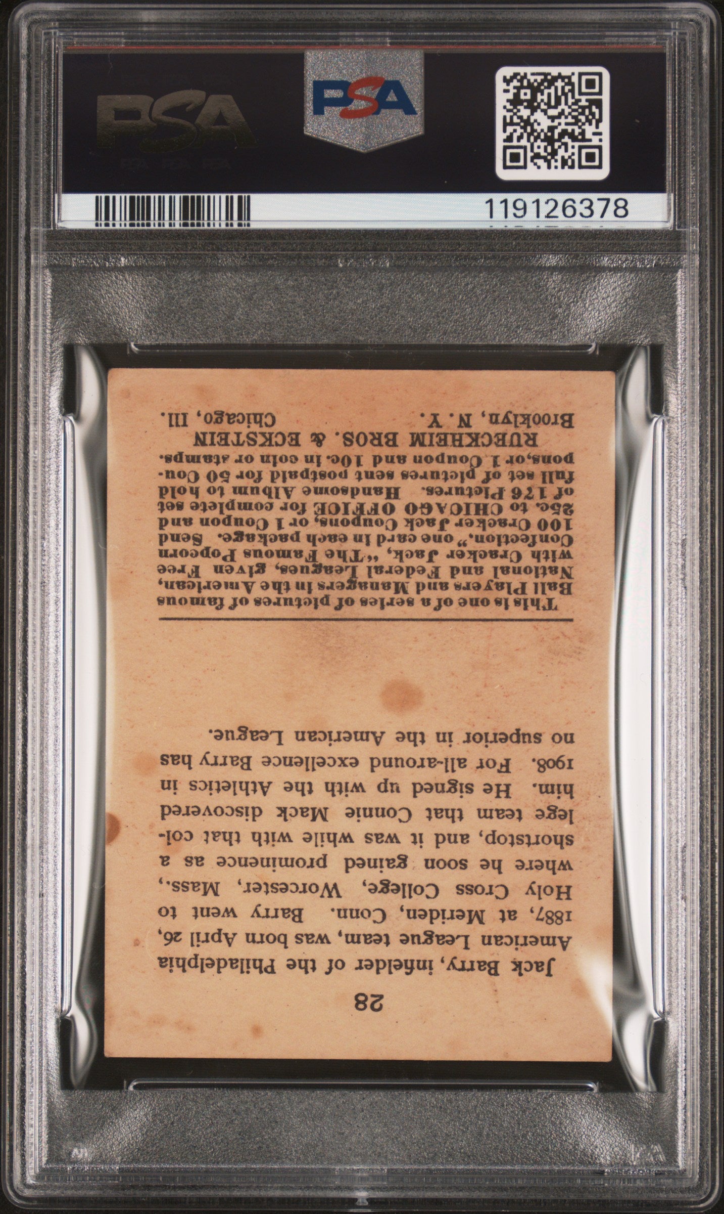 Jack Barry 1915 Cracker Jack #28 PSA 2 Good