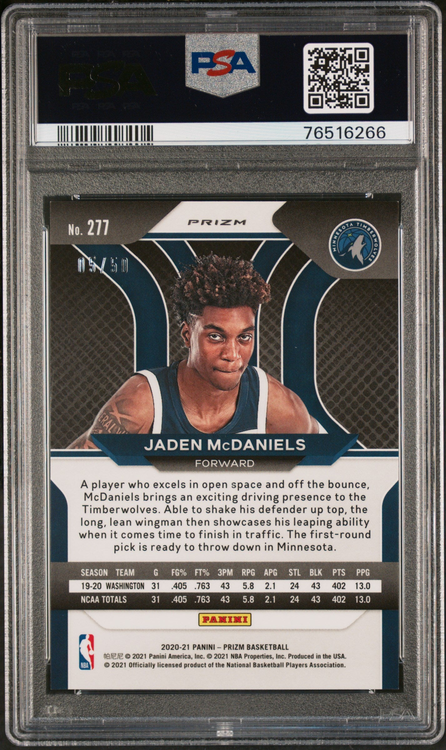 Jaden McDaniels 2020 Panini Prizm Fast Break Prizm Pink #5/50 PSA 10 Gem Mint