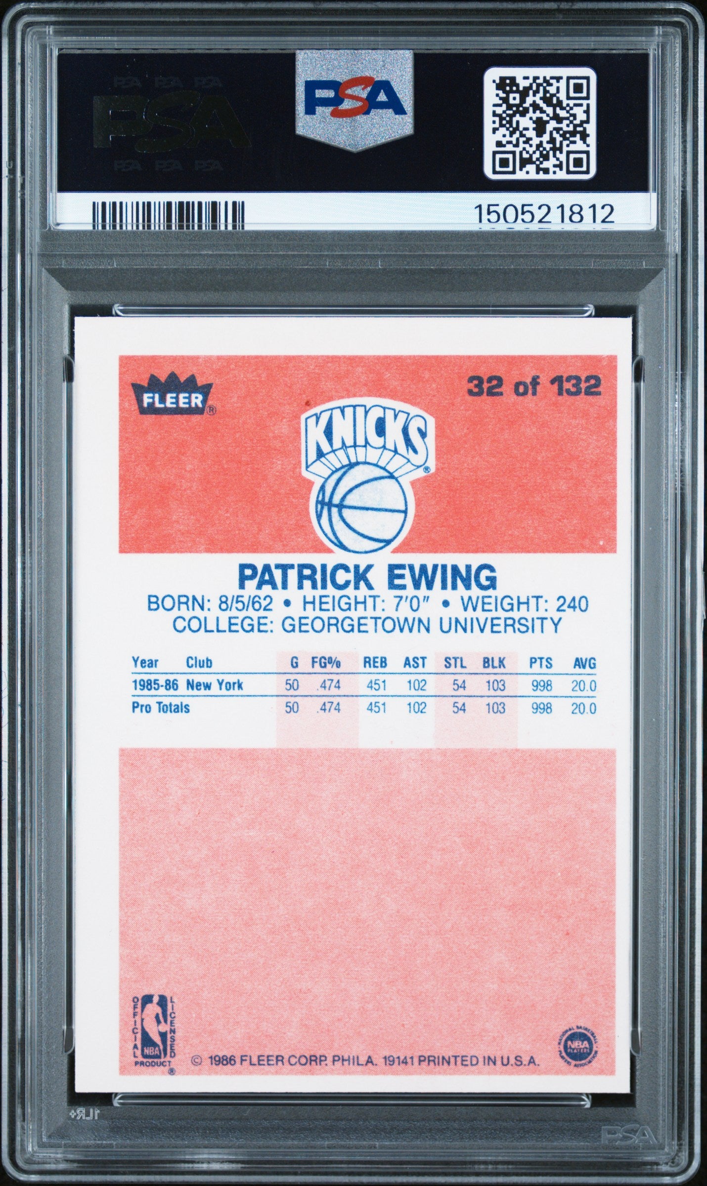Patrick Ewing 1986 Fleer Rookie #32 PSA 5 Ex 1812
