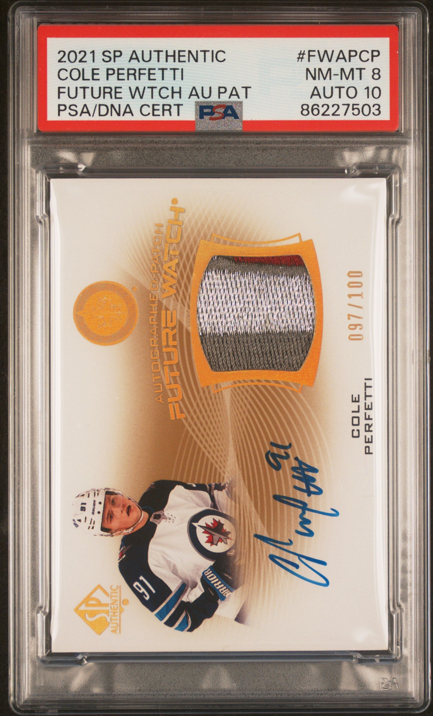 Cole Perfetti 2021 Upper Deck SP Authentic Future Patch Auto #97/100 PSA 8 Auto 10