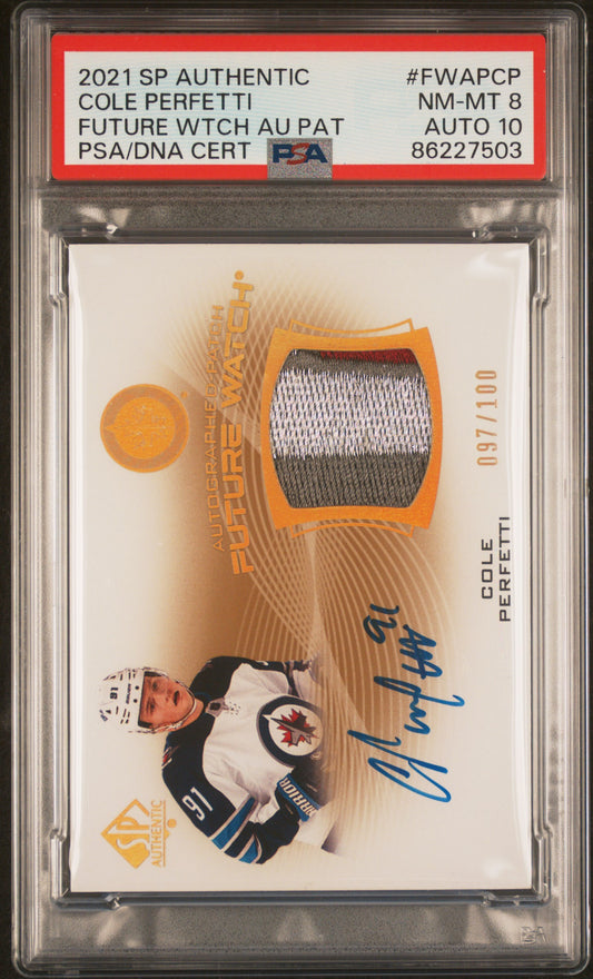 Cole Perfetti 2021 Upper Deck SP Authentic Future Patch Auto #97/100 PSA 8 Auto 10