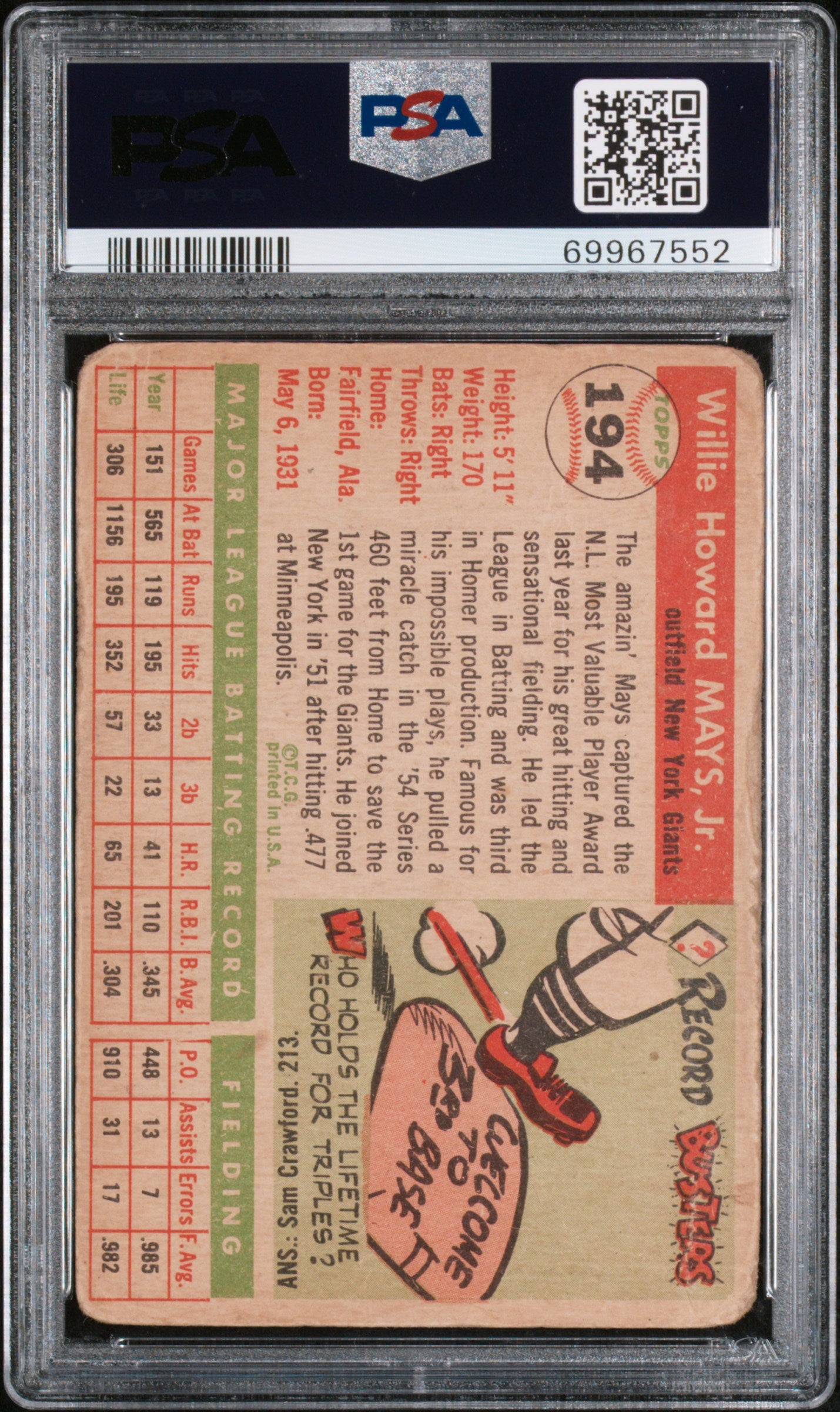 Willie Mays 1955 Topps #194 PSA 1 Poor 7552