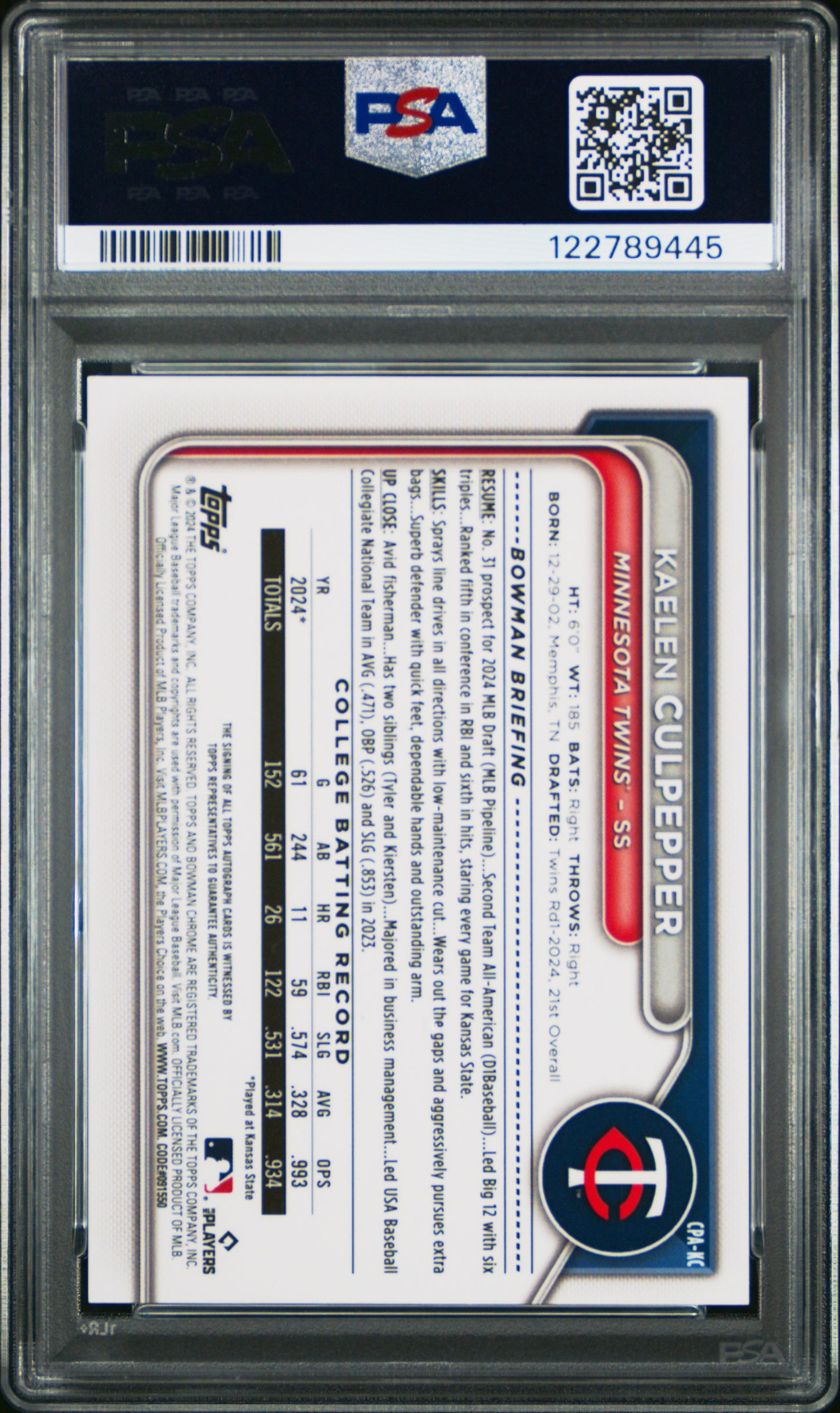 Kaelen Culpepper 2024 Bowman Chrome Draft Sparkle Refractor Auto #50/71 PSA 10 Gem Mint