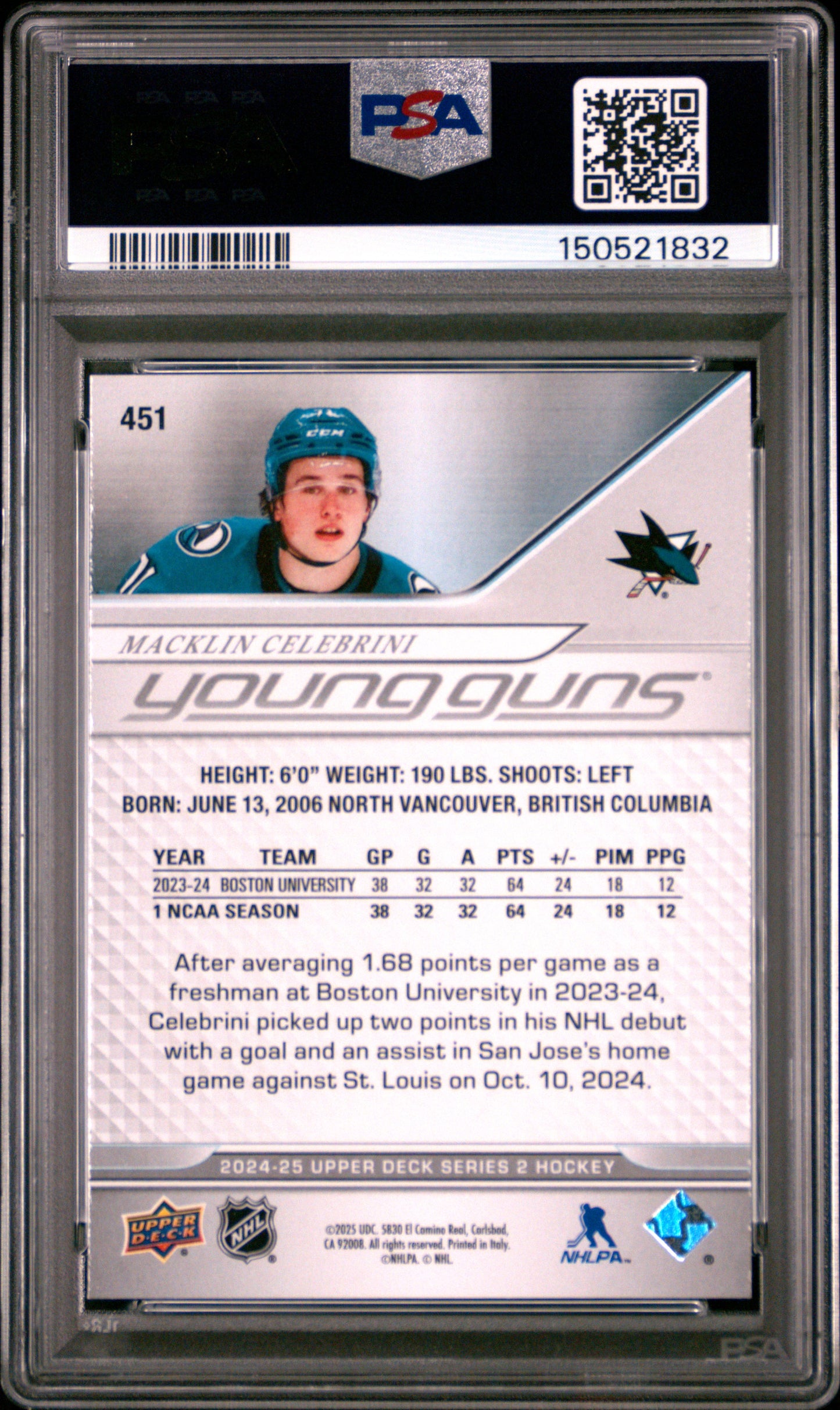 Macklin Celebrini 2024 Upper Deck Rookie #451 PSA 9 Mint 1832