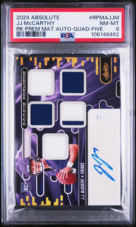 J.J. McCarthy 2024 Panini Absolute Five Jersey Rookie Auto #42/99 PSA 8 Nm-Mint