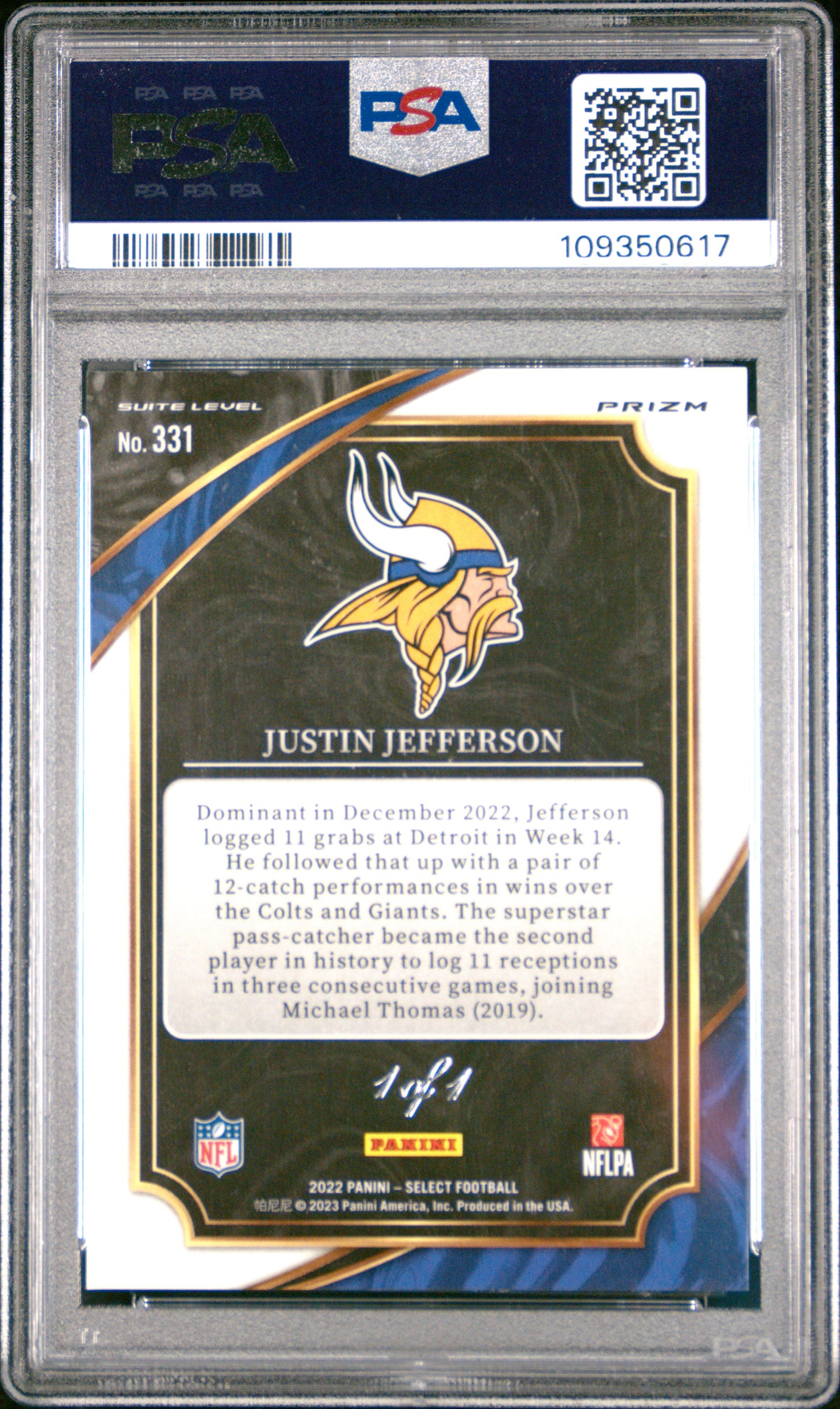 Justin Jefferson 2022 Panini Select #331 Black Disco #1/1 PSA 10 Gem Mint