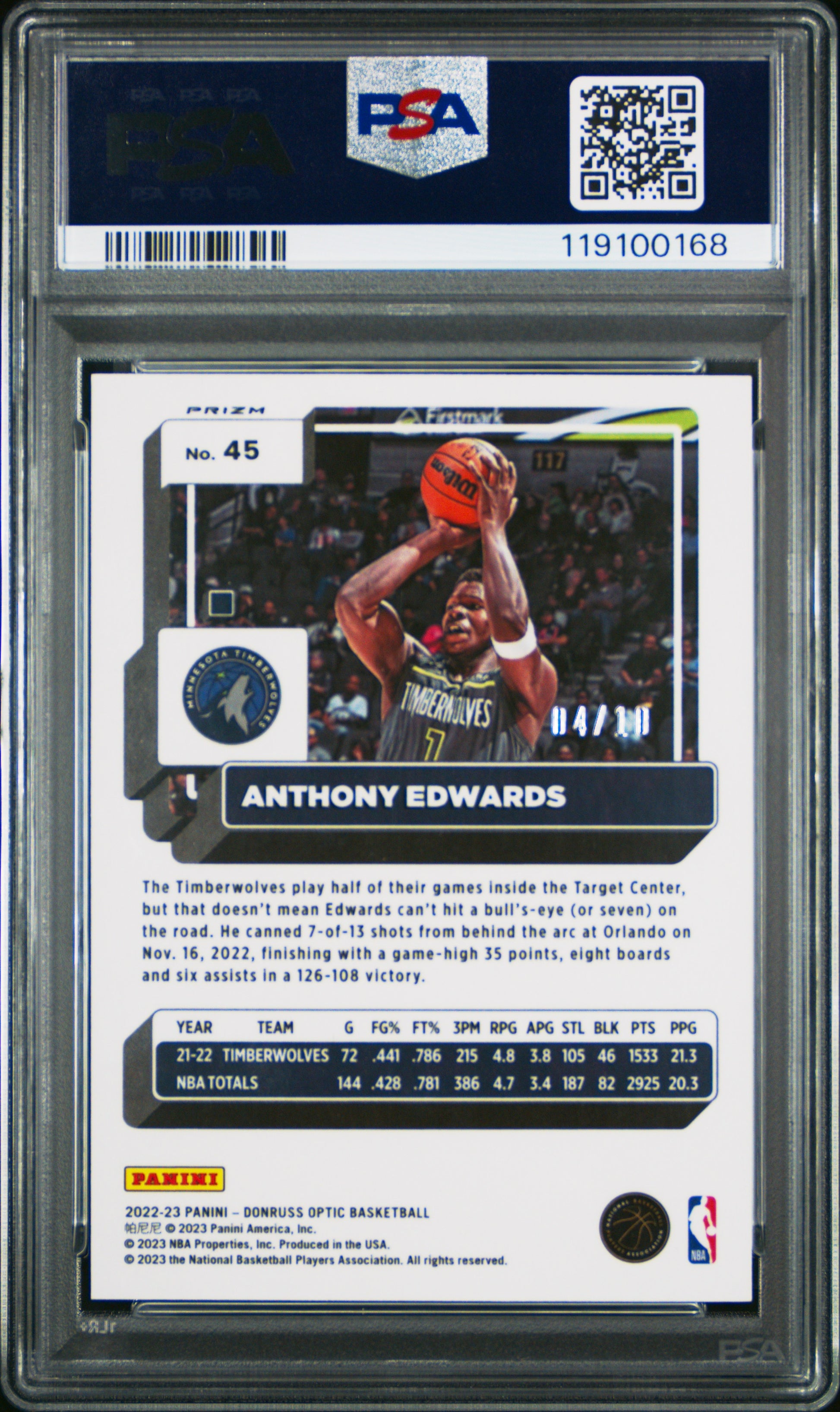 Anthony Edwards 2022 Donruss Optic #45 Gold #4/10 PSA 10 Gem Mint