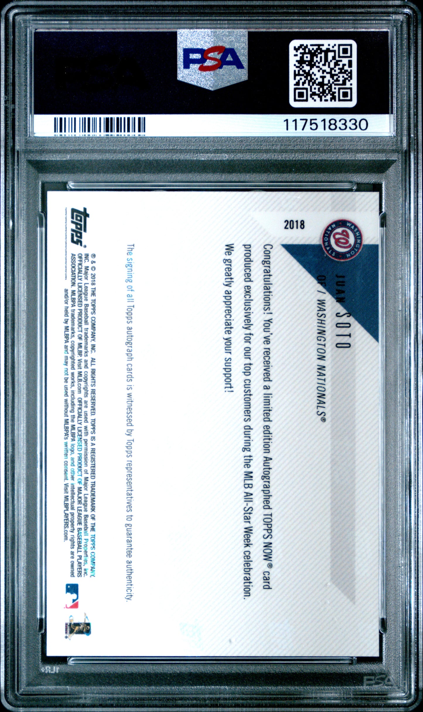 Juan Soto 2018 Topps Now Rookie All-Star Auto PSA 10 Gem Mint