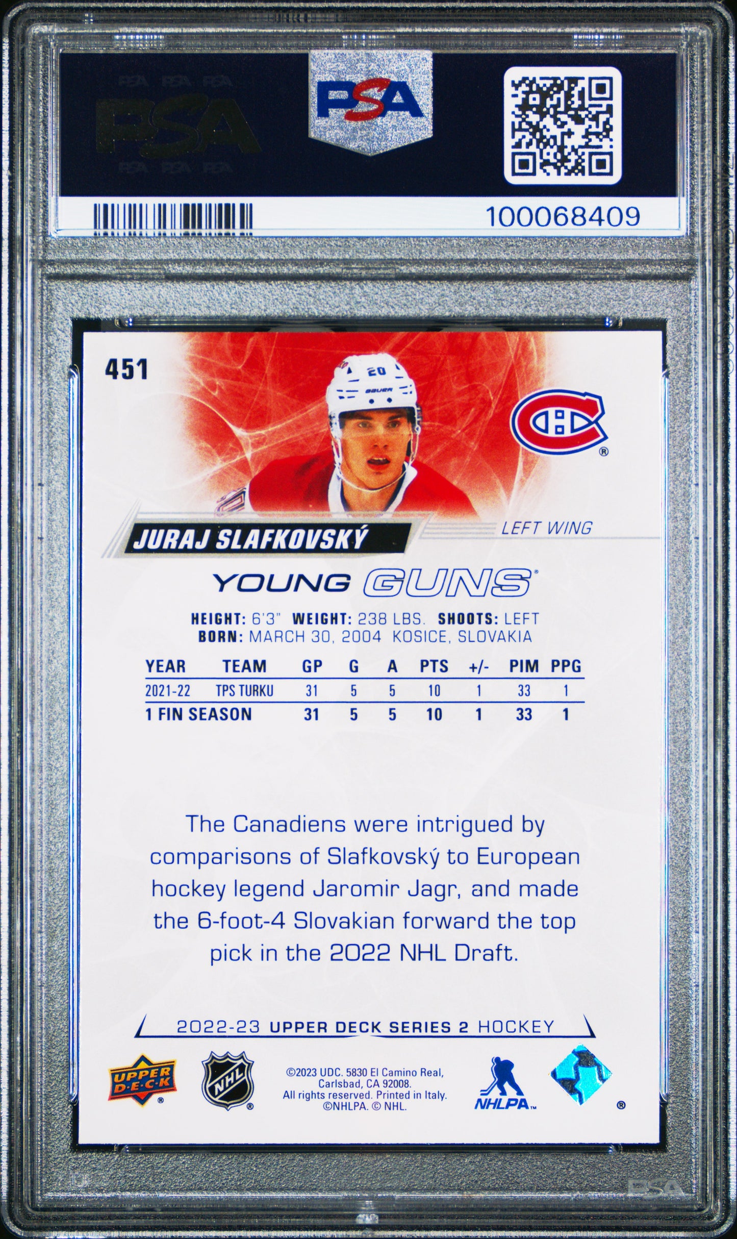 Juraj Slafkovsky 2022 Upper Deck Rookie #451 PSA 10 Gem Mint