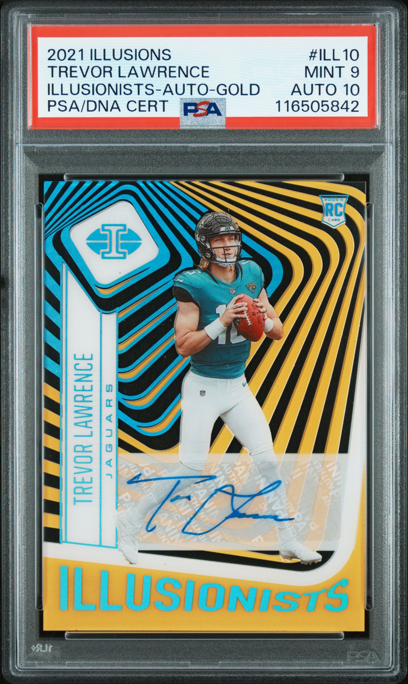 Trevor Lawrence 2021 Panini Illusions Illusionists Gold Auto #5/5 PSA 9 Auto 10