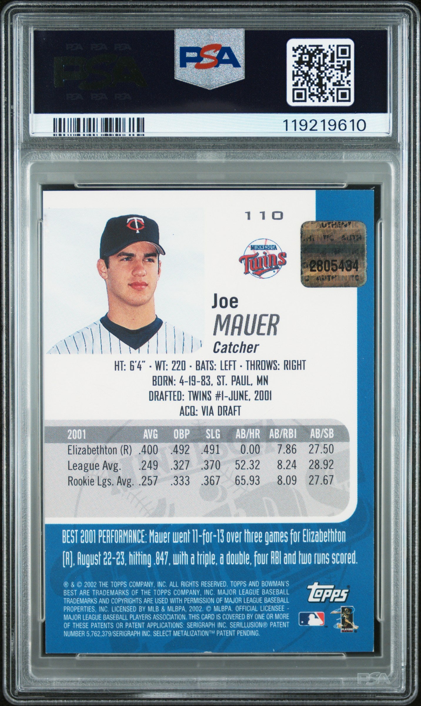 Joe Mauer 2002 Bowmans Best Rookie Auto PSA 8 Auto 10 9610