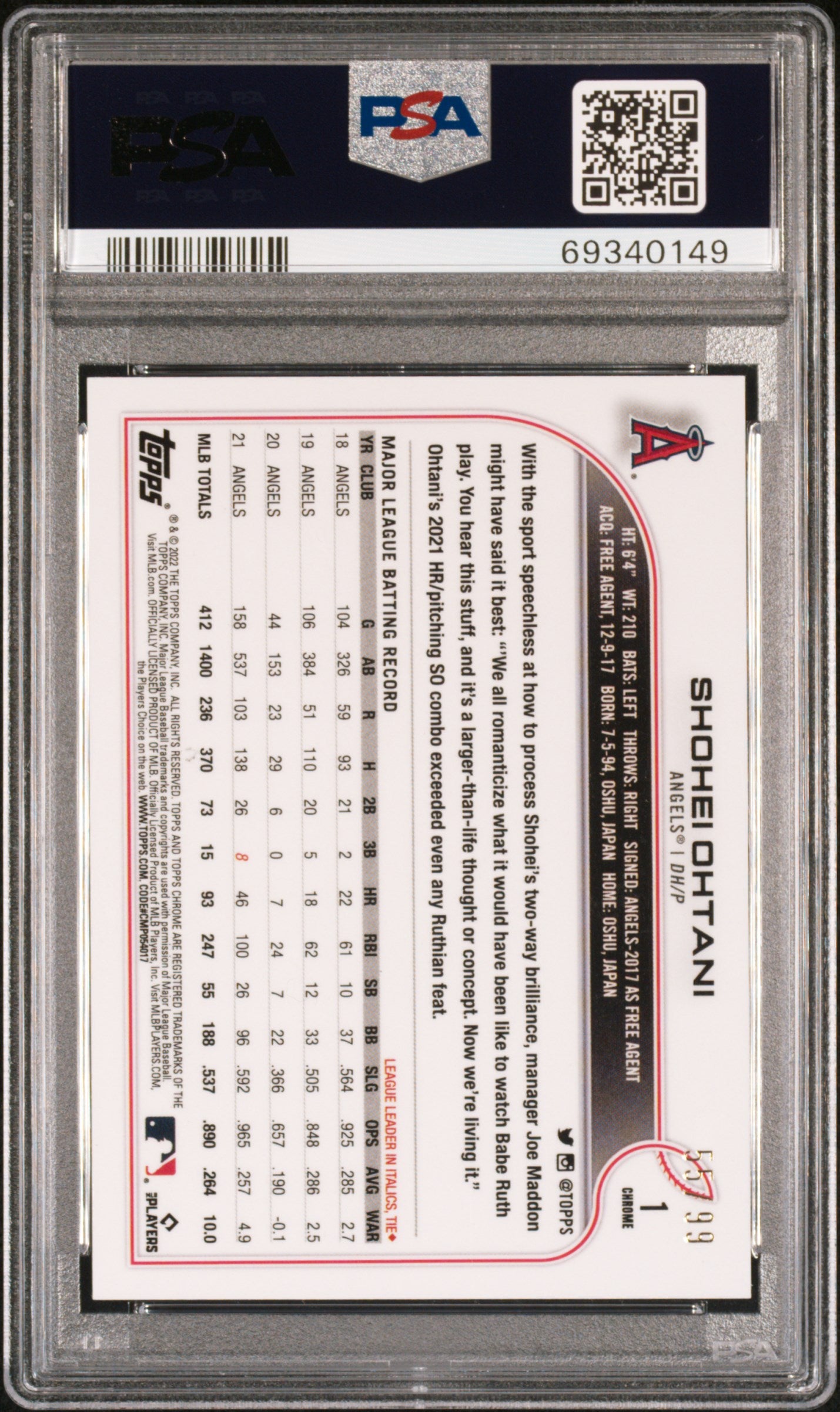 Shohei Ohtani 2022 Topps Chrome SP #1 Green SPeckle Refractor PSA 10 Gem Mint