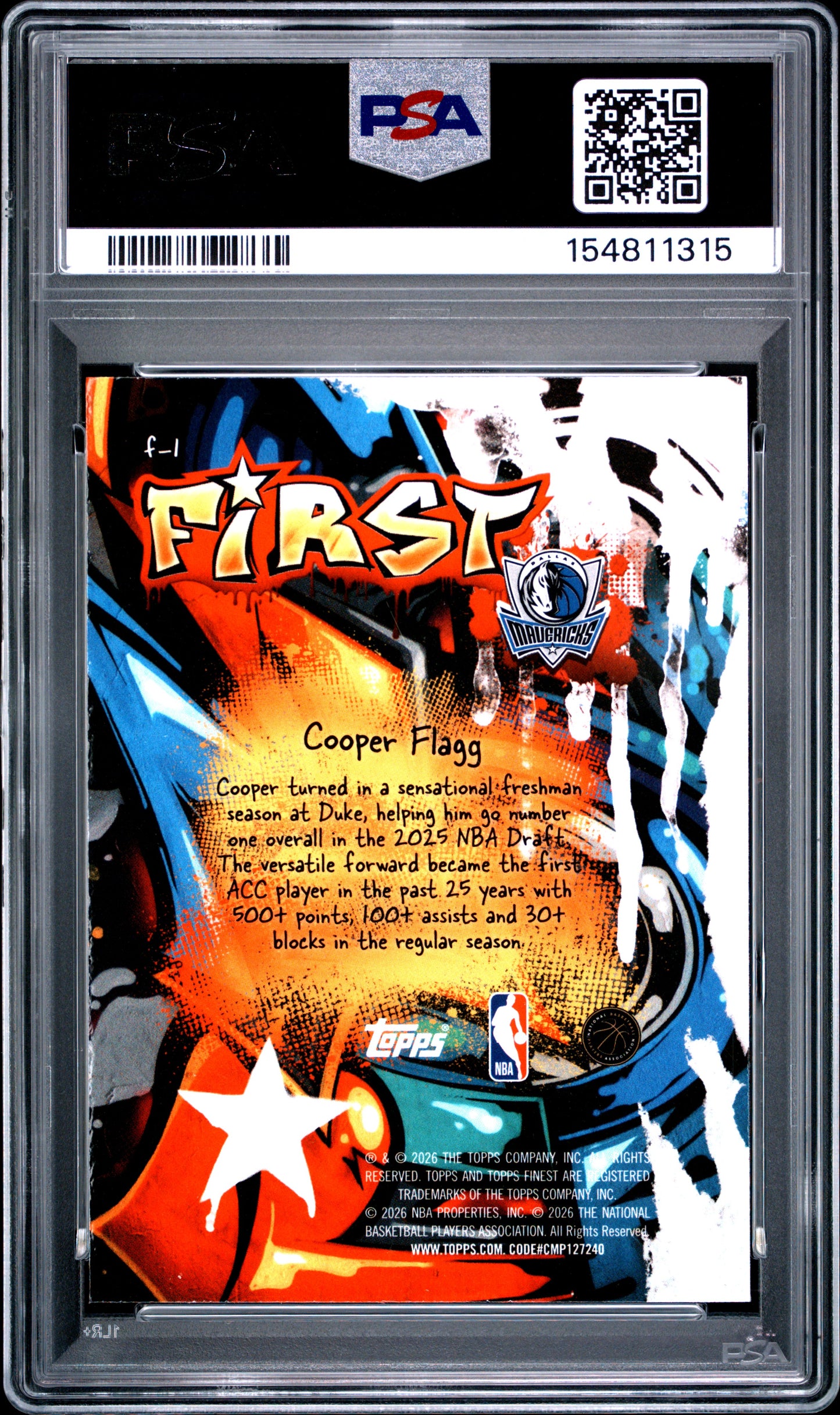 Cooper Flagg 2025 Topps Finest First Shoy Blue Refractor #124/150 PSA 10 Gem Mint