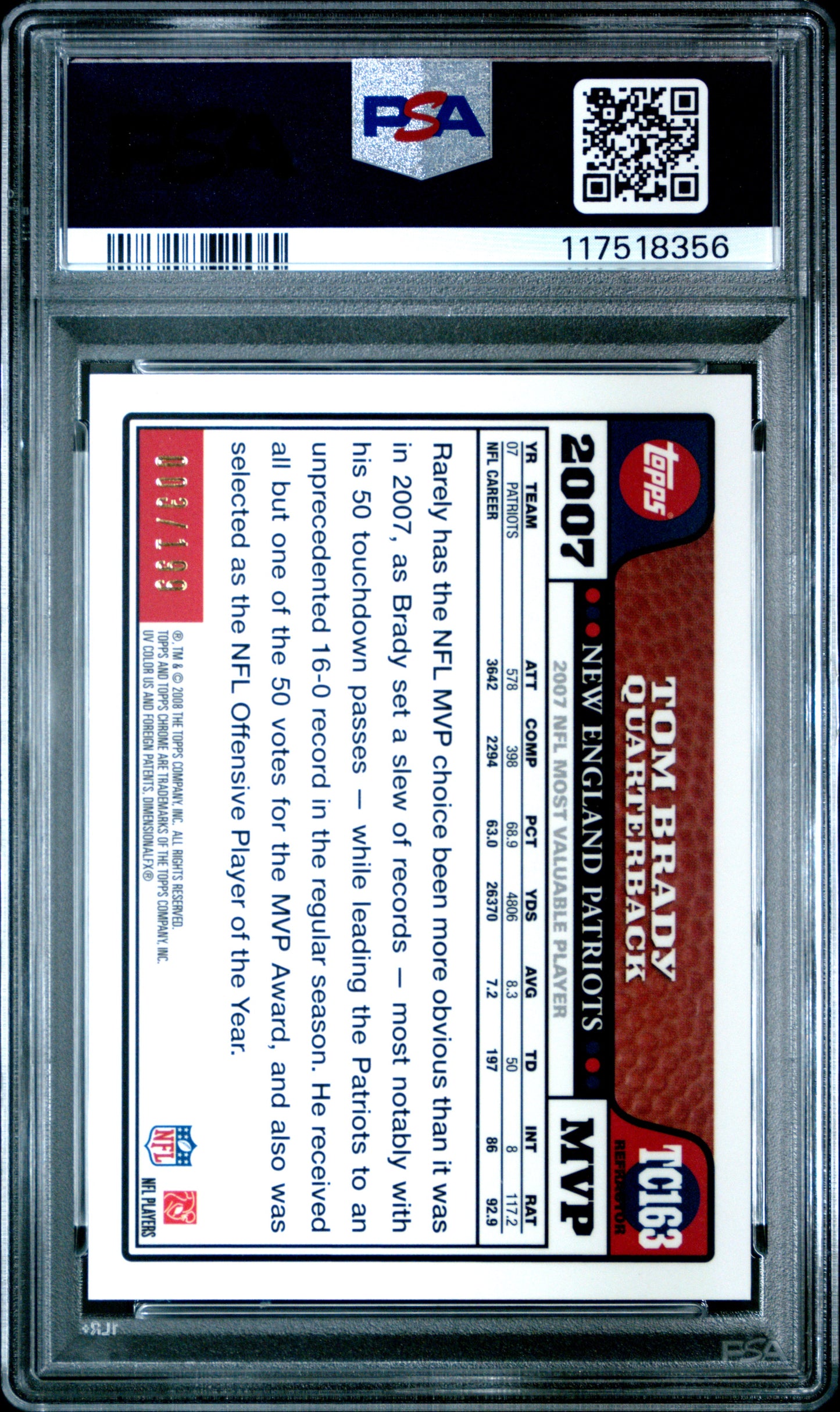 Tom Brady 2008 Topps Chrome #TC163 Gold Refractor #3/199 PSA 10 Gem Mint