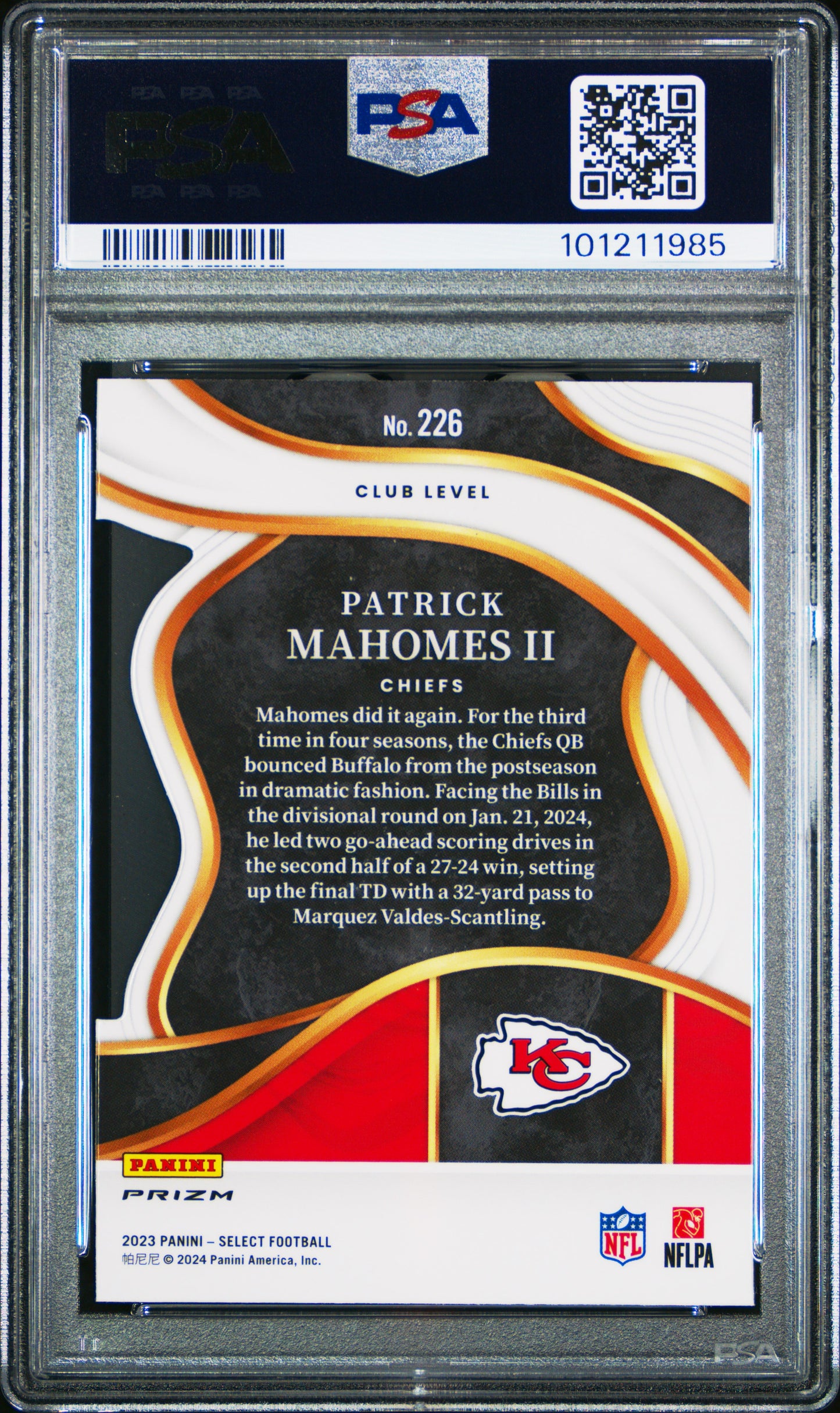Patrick Mahomes 2023 Panini Select #226 Die-Cut Green/Yellow Prizm PSA 10 Gem Mint