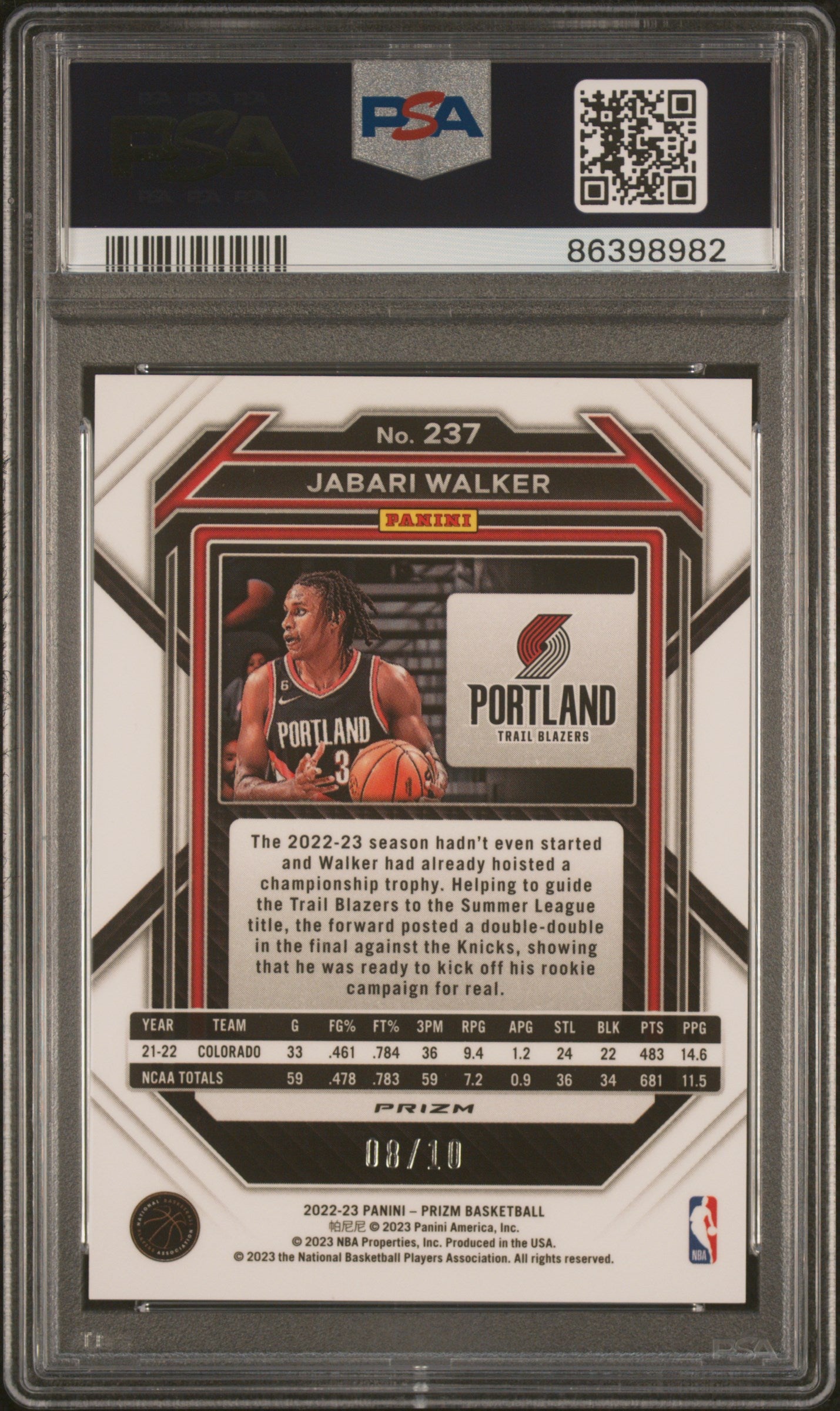 Jabari Walker 2022 Panini Prizm Rookie #237 Gold Shimmer FOTL #8/10 PSA 10 Gem Mint