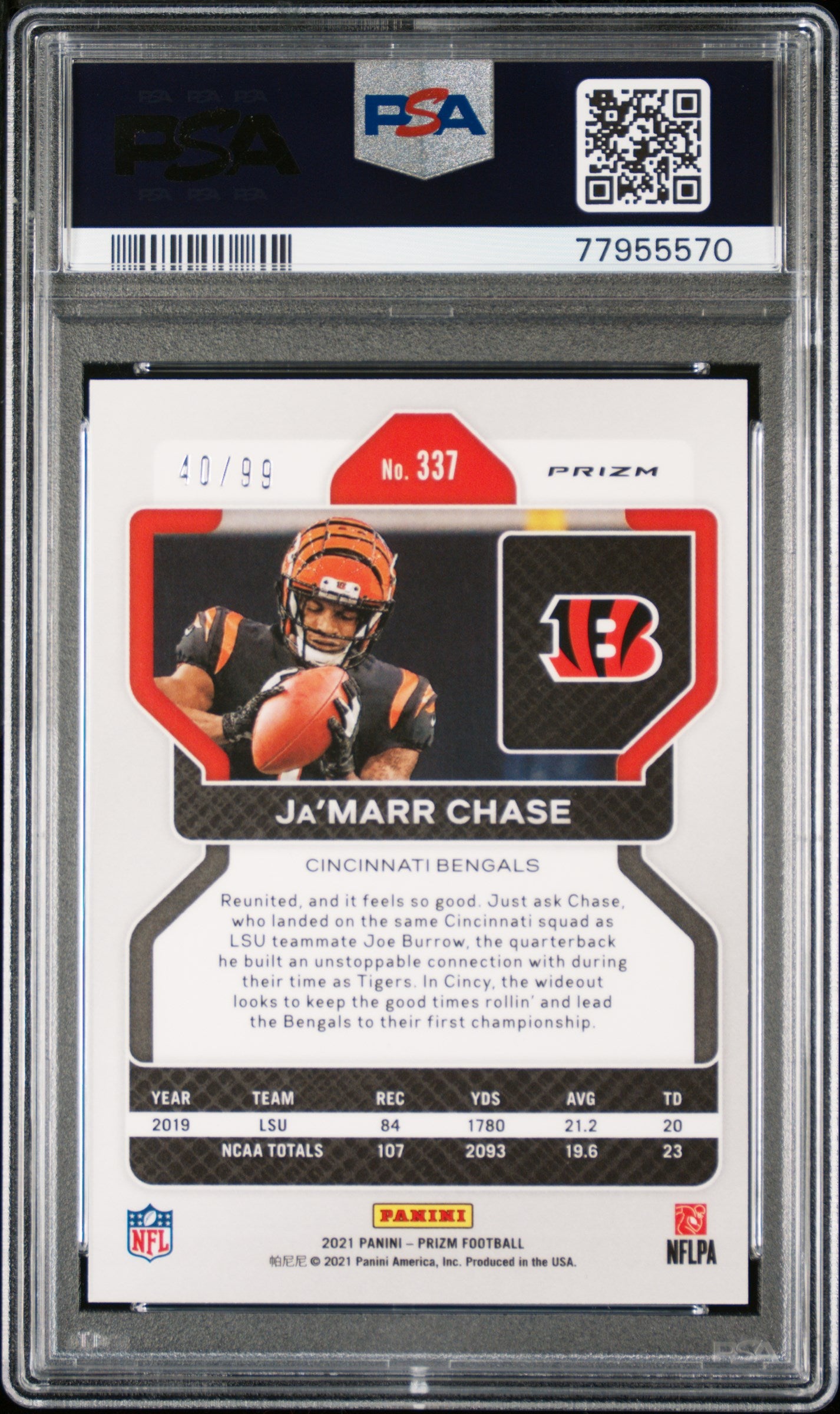 Ja'Marr Chase 2021 Panini Prizm Blue Ice Rookie #40/99 PSA 10 Gem Mint