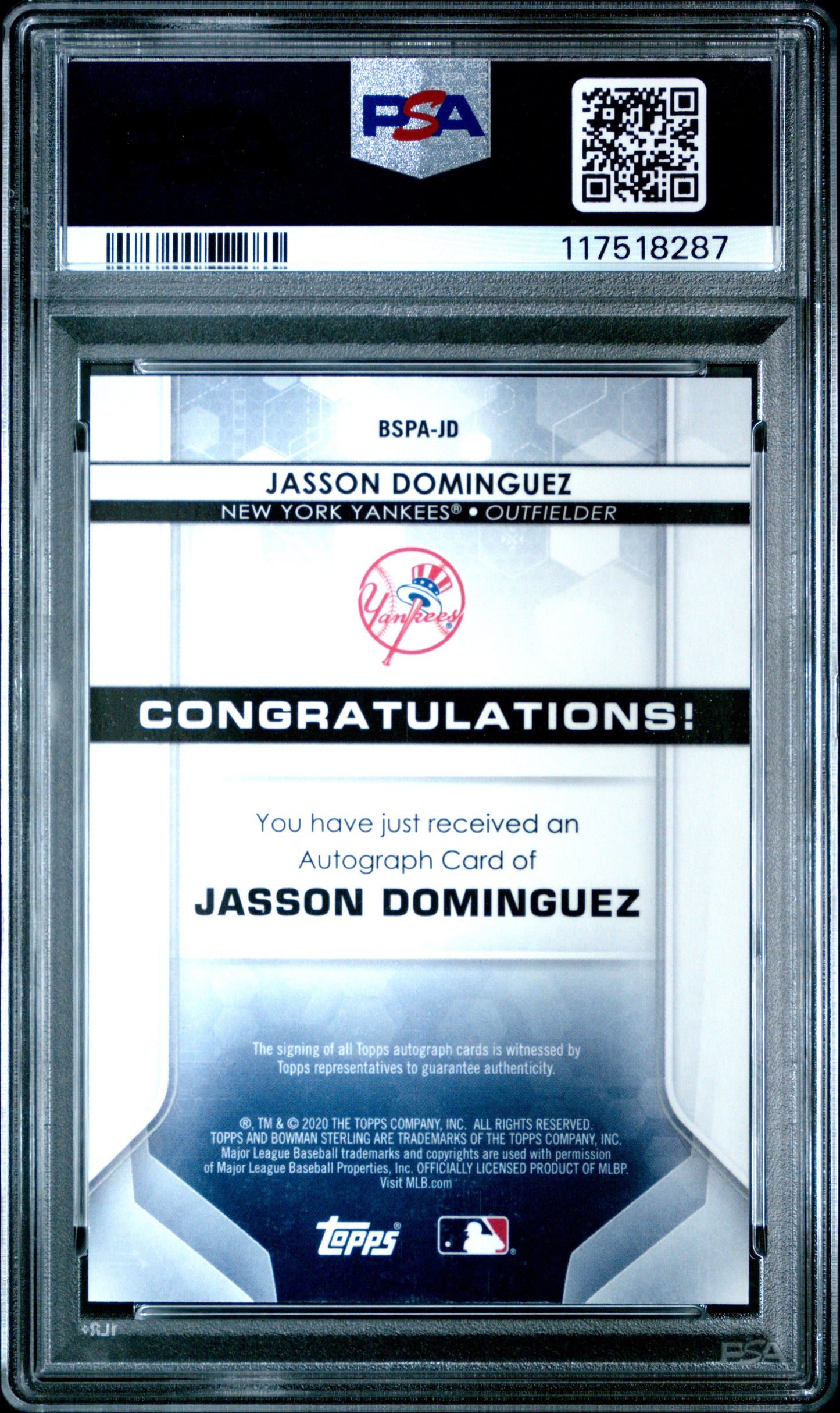 Jasson Dominguez 2020 Bowman Sterling Auto PSA 10 Gem Mint