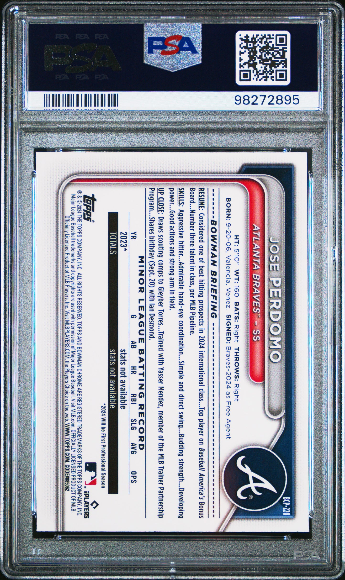 Jose Perdomo 2024 Bowman Chrome Yellow Refractor #54/75 PSA 10 Gem Mint