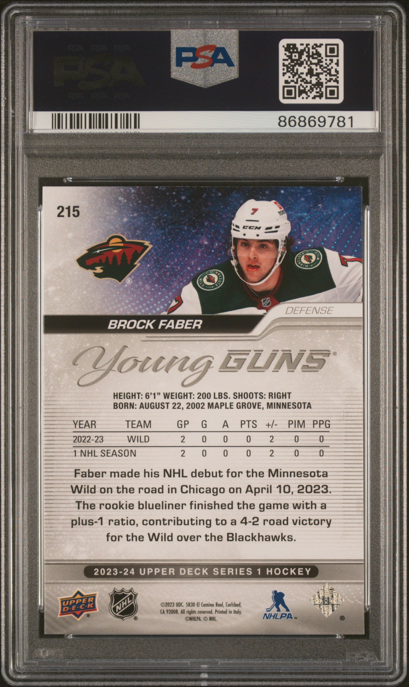 Brock Faber 2023 Upper Deck Outburst Silver #215 PSA 9 Mint