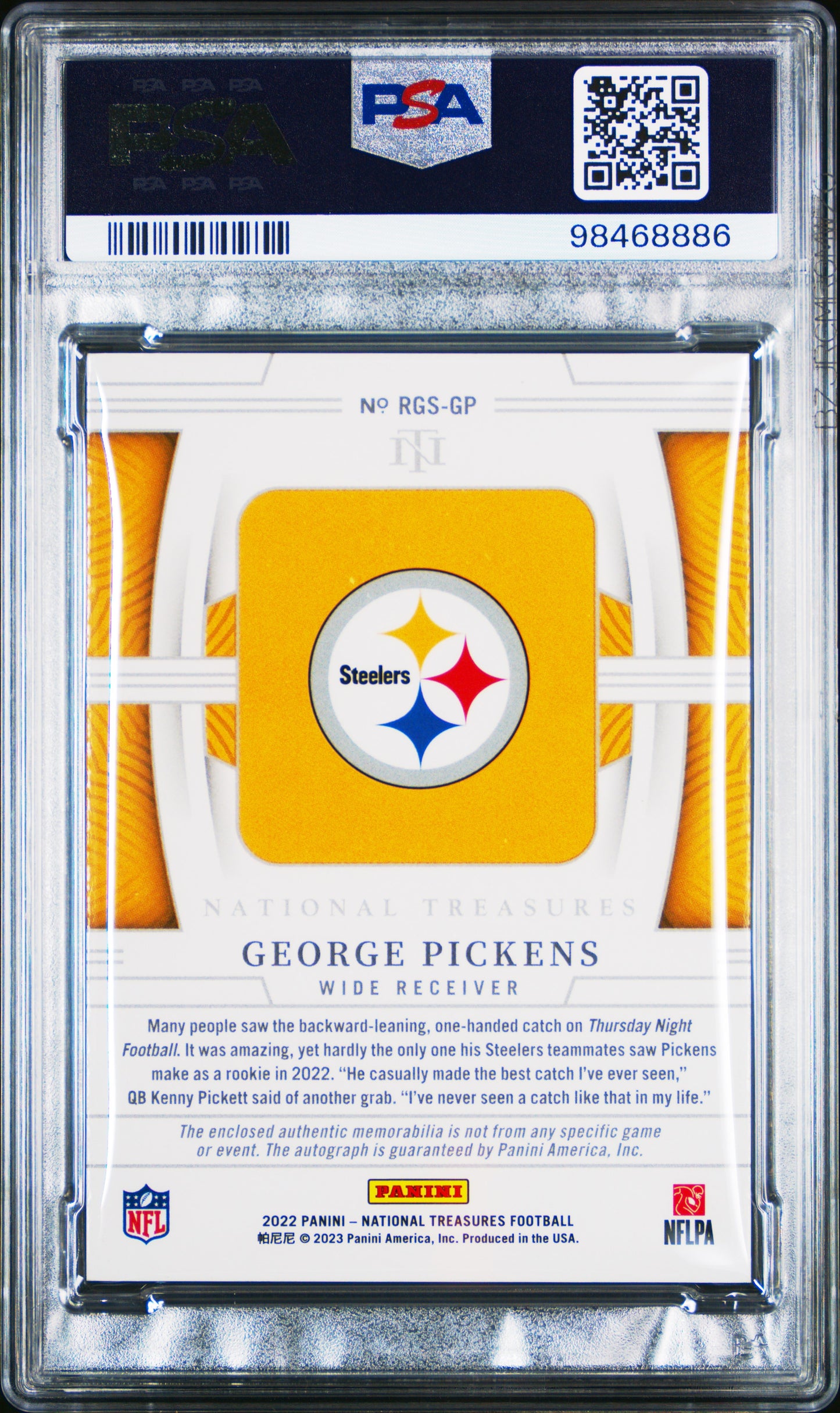 George Pickens 2022 Panini National Treasures NFL Gear Auto #32/49 PSA 8 Nm-Mint