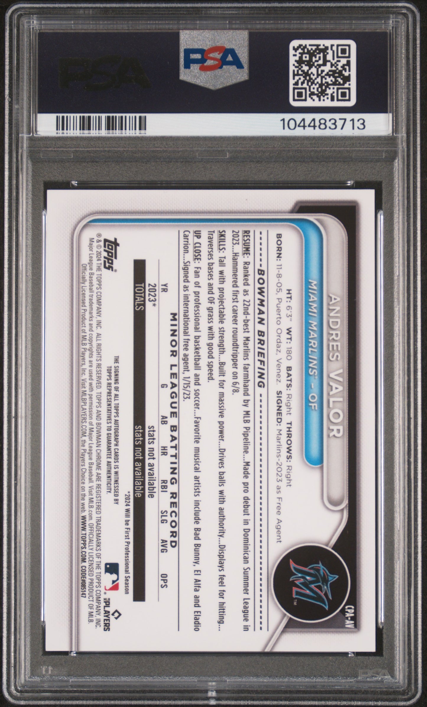 Andres Valor 2024 Bowman Chrome Orange Shimmer Auto #24/25 PSA 9 Auto 10