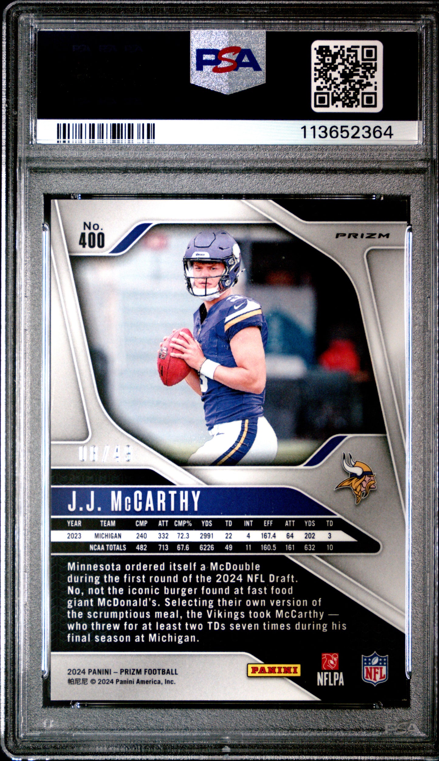 JJ McCarthy 2024 Panini Prizm Rookie #400 No Huddle Purple #8/49 PSA 8 Nm-Mint