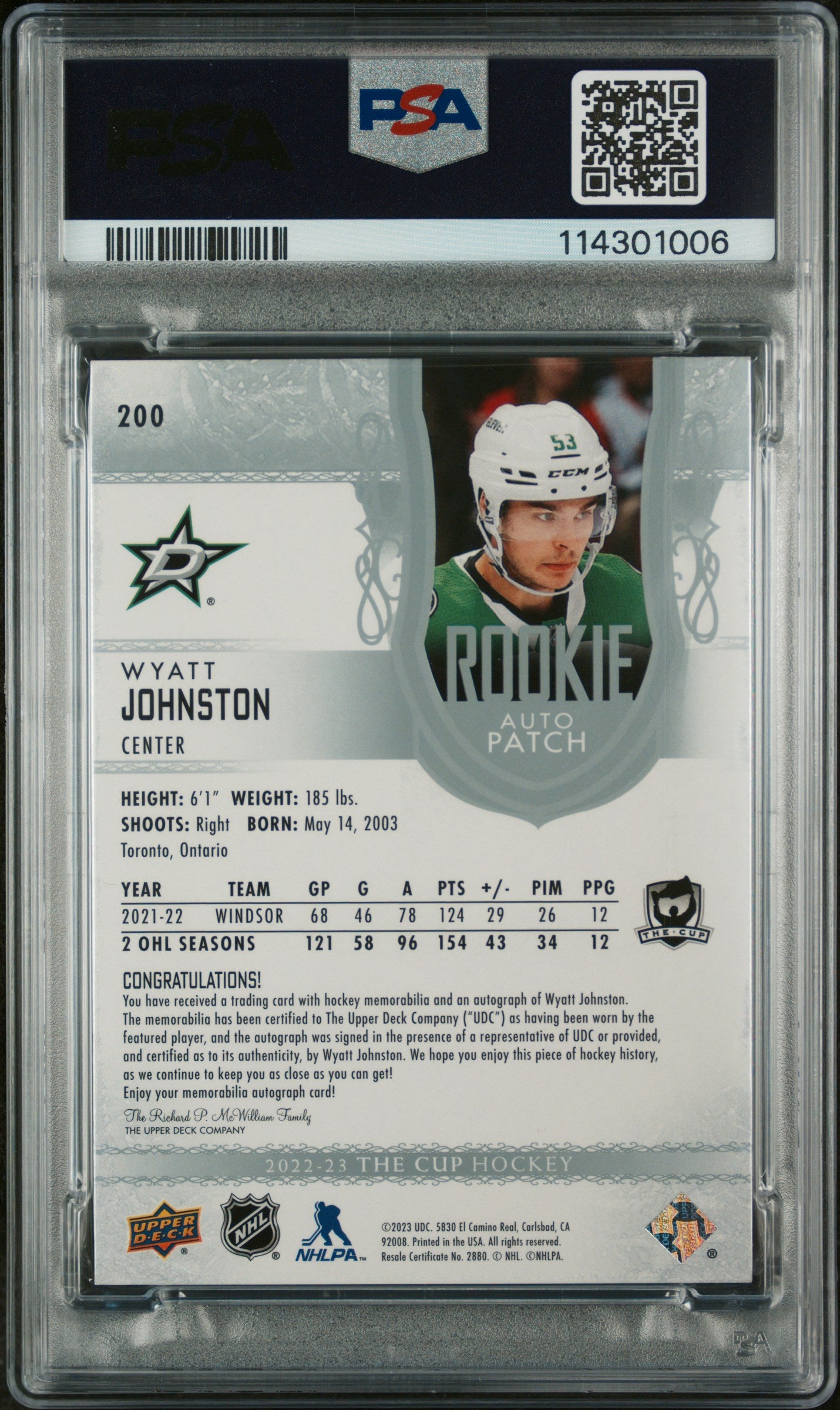Wyatt Johnston 2022 Upper Deck The Cup Rookie Patch Auto #1/99 PSA 9 Mint