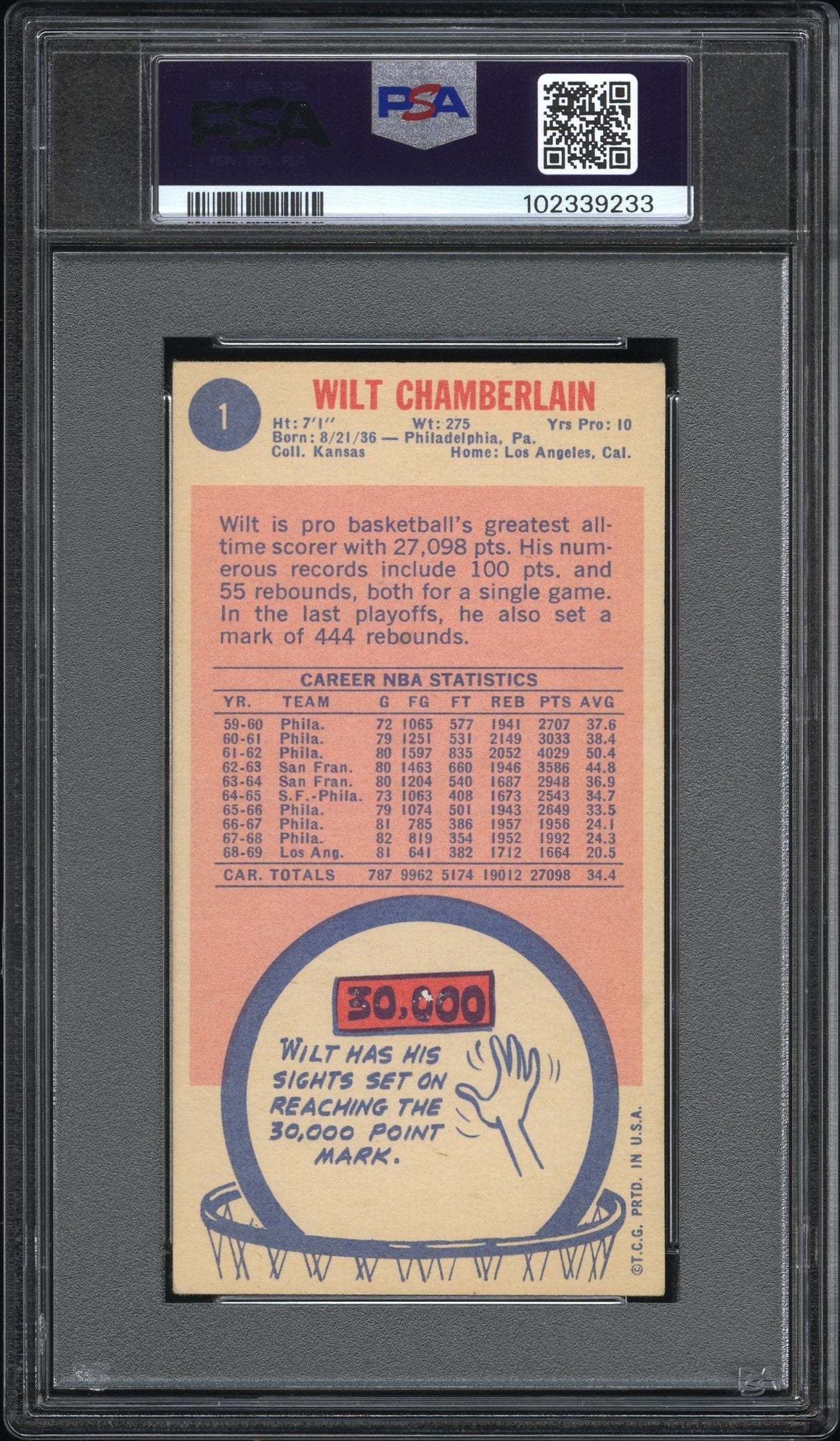 Wilt Chamberlain 1969 Topps #1 PSA 5 EX