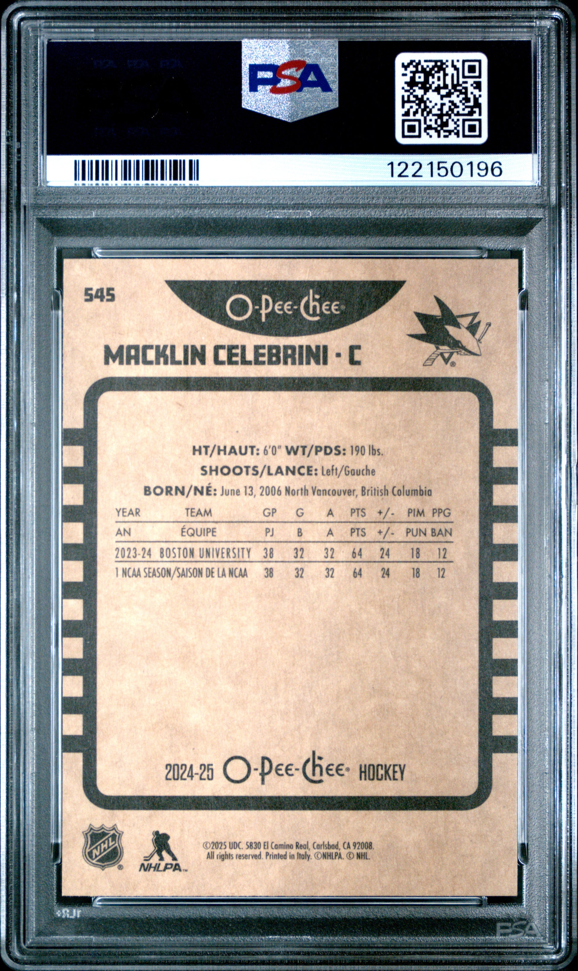 Macklin Celebrini 2024 Upper Deck O-Pee-Chee Retro Rookie #545 PSA 10 Gem Mint