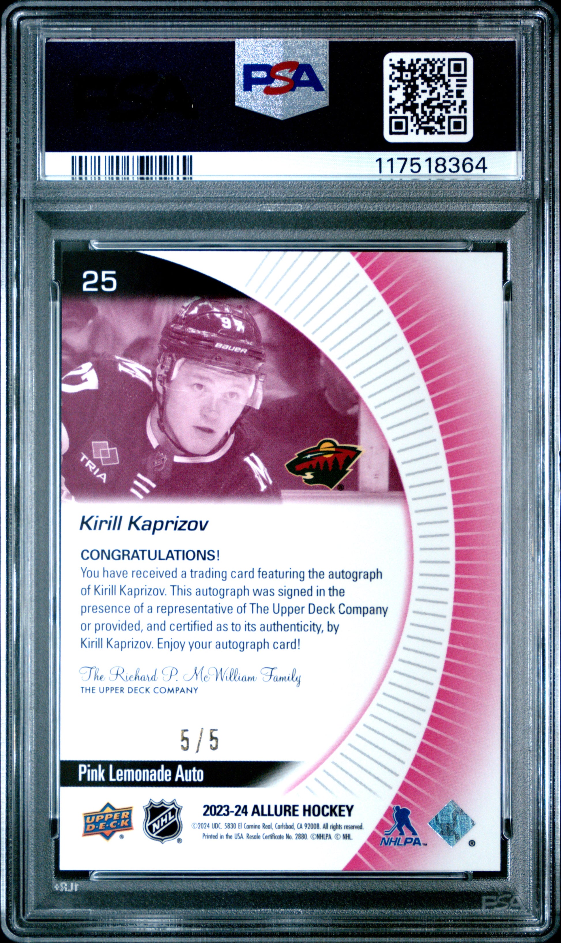 Kirill Kaprizov 2023 Upper Deck Allure Pink Lemonade Auto #5/5 PSA 10 Gem Mint