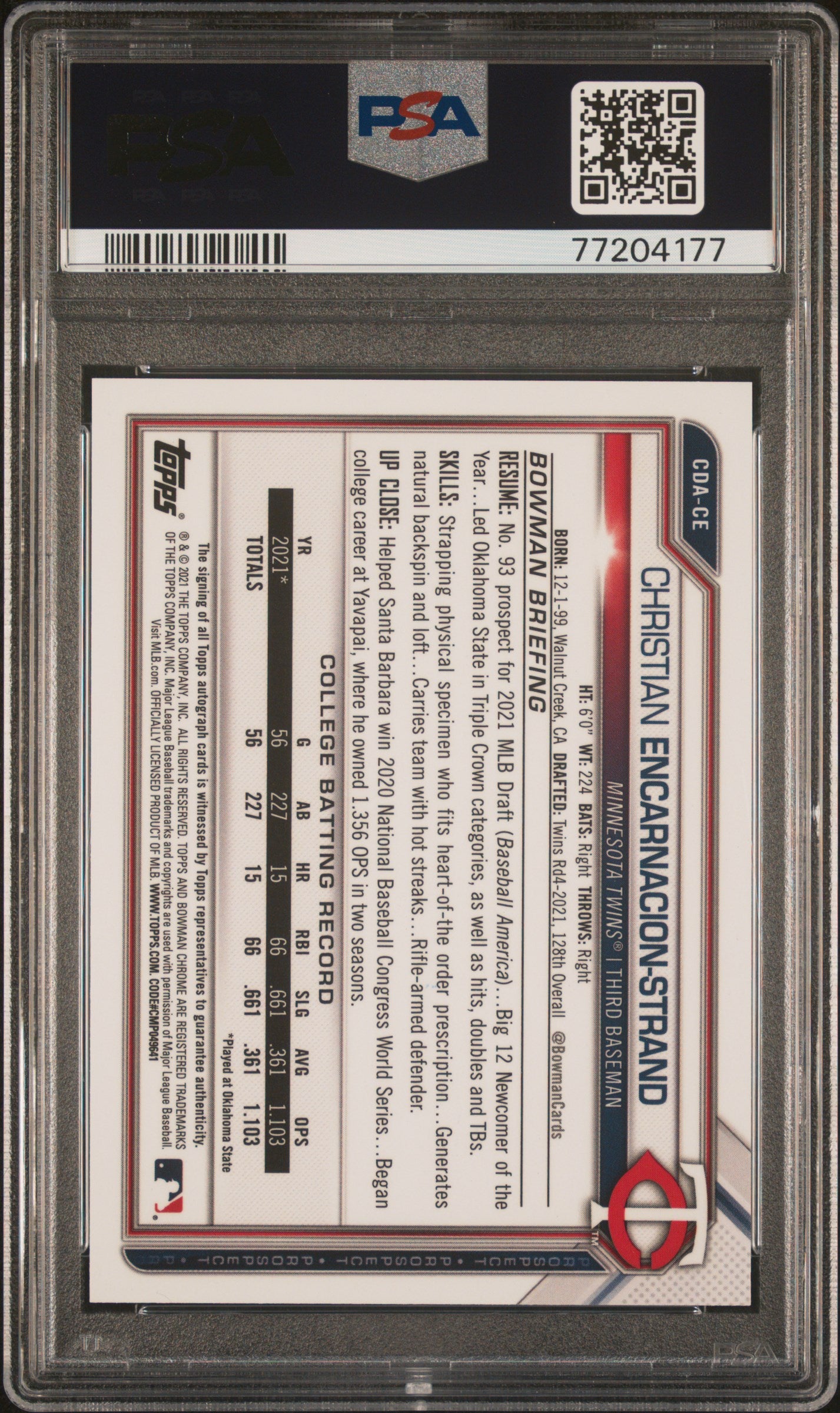Christian Encarnacion-Strand 2021 Bowman Chrome Draft Auto PSA 10 Auto 10