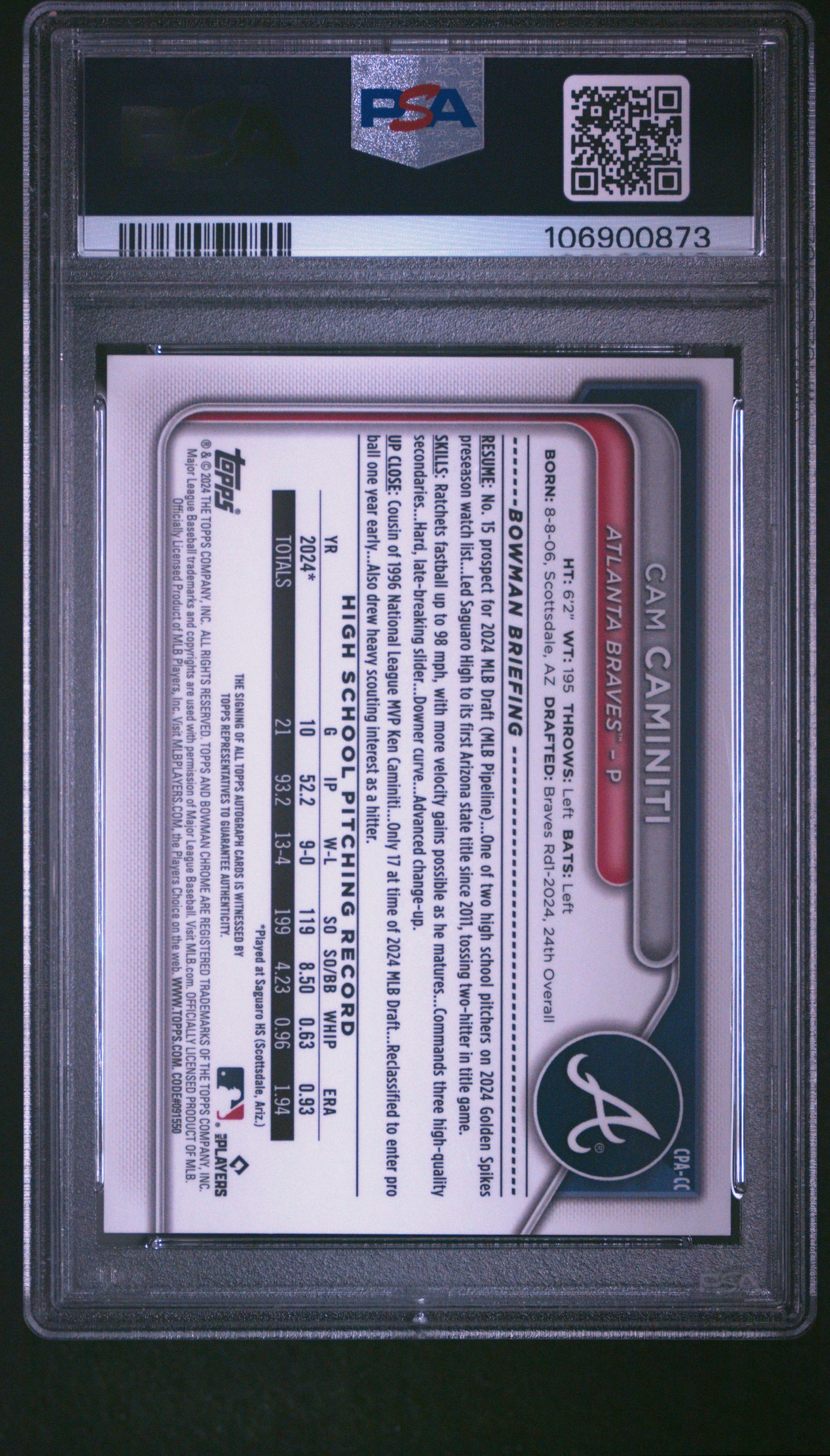 Cam Caminiti 2024 Bowman Draft Sapphire Red Auto #2/5 PSA 9 Mint